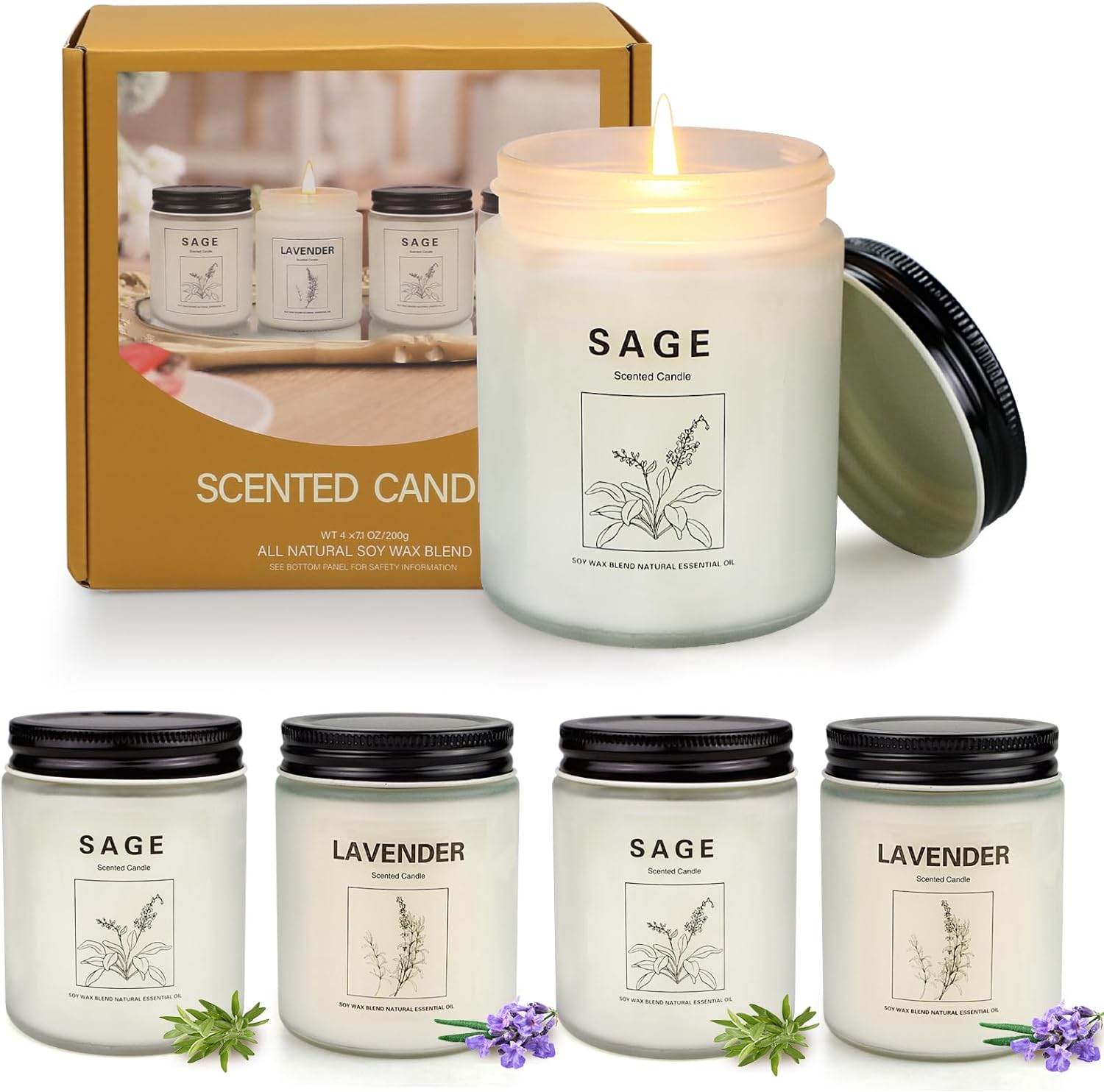 4 Pack Candles for Home Scented, 28 oz 200 Hour Long Lasting Candles Set,Sage Candles for Cleansing House & Lavender Candle for Stress Relief,Aromatherapy Jar Candles Gifts for Women