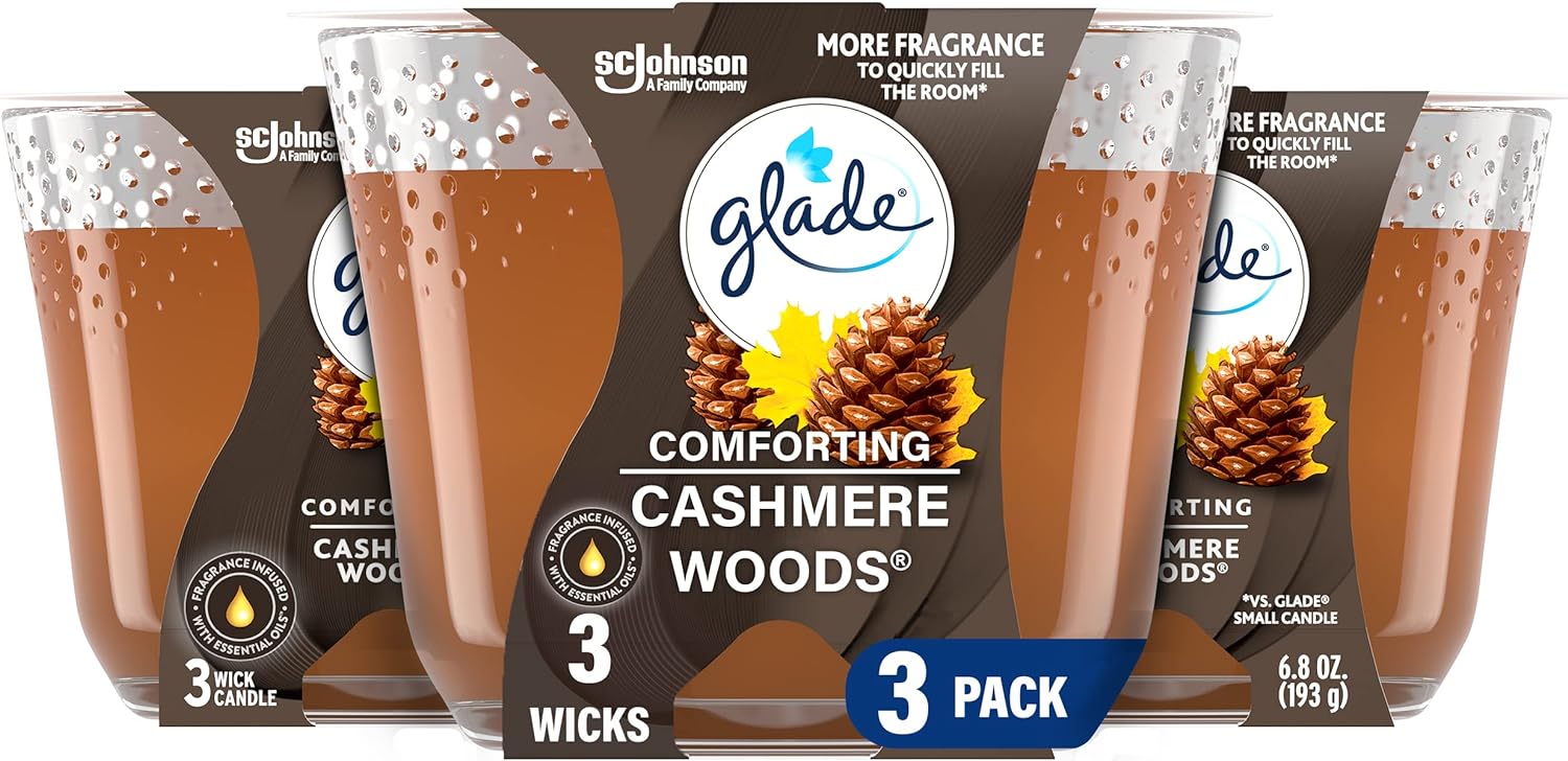 Glade Candle Cashmere Woods, Fragrance Candle Infused with Essential Oils, Air Freshener Candle, 3-Wick Candle, 6.8 Oz, 3 Count