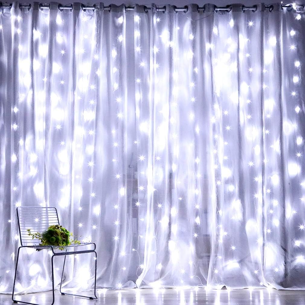 Fiee Fairy Curtain Lights,304 LED 9.8ftX9.8ft 30V 8Modes Safety Window Light with Memory for Home Wedding Christmas Party Family Patio Lawn Garden Bedroom Outdoor Indoor Wall Decorations(Cool White)