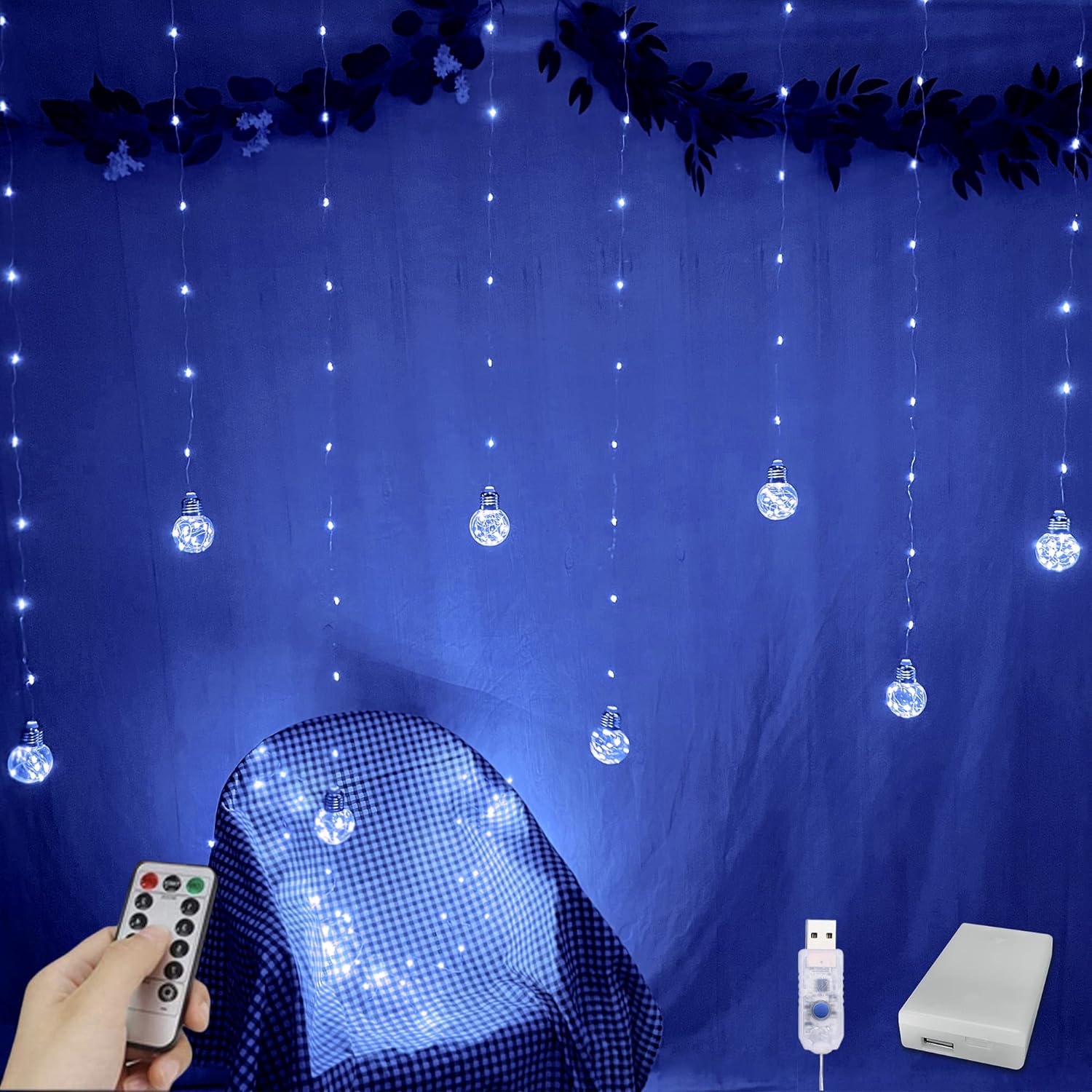 Wishing Ball Curtain Lights 200 LED Window Curtain String Lights with Remote, USB Battery Powered Twinkle Globe Fairy Lights for Wedding Party Bedroom Christmas Halloween Decoration (Blue)