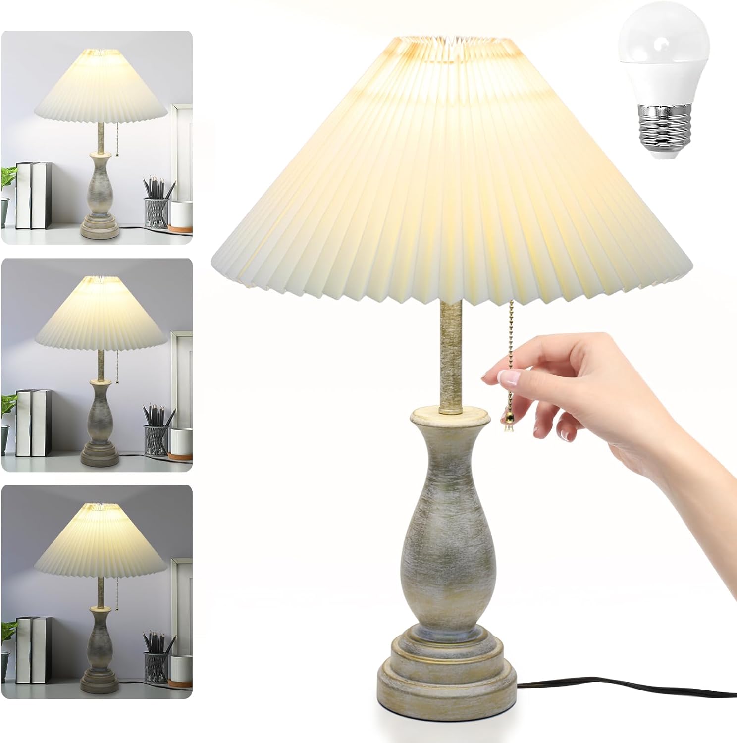 Farmhouse Table Lamp with Pull Chain Switch Control 3-Way Dimmable Table Lamp, Modern Nightstand Lamp Bedside Desk Lamp with Fabric Shade for Living Room Bedroom Hotel (Metal-Pack-01)