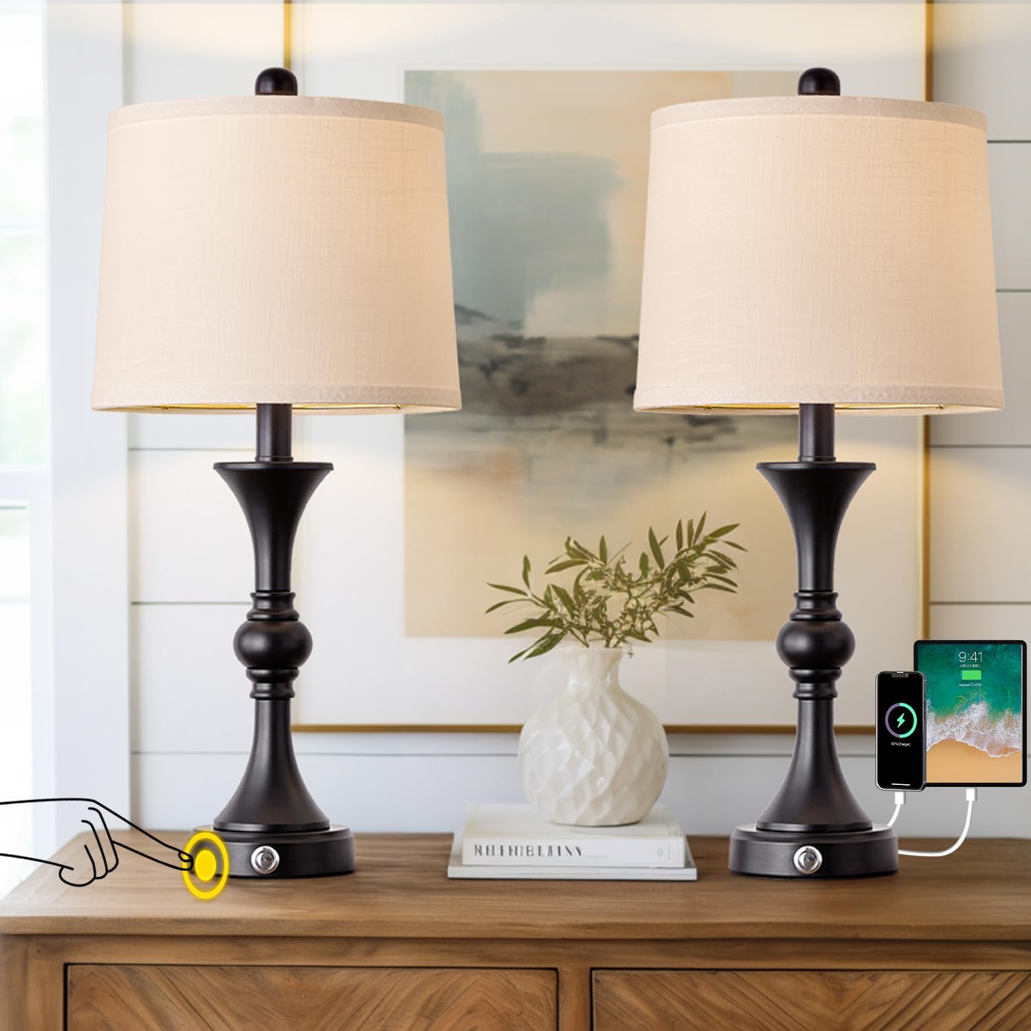 I was hesitant to buy these since assembly was required but that went very nicely. They were placed on the bedside tables and look great.The amount of light is perfect for a bedroom. Would definitely recommend these lamps.