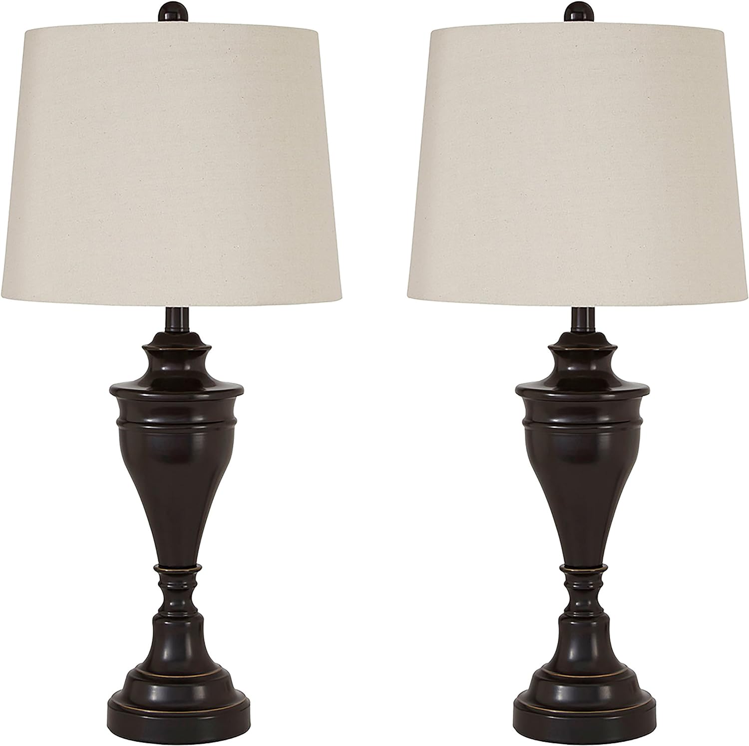 I recently bought this lumps in dark brown for my daughter' housewarming. They are pleasure to look at and have no imperfections. Love natural linen look of shades. They are classic and timeless, and will fit in any decor. I also got linen look curtains, and those look marvelous together. I highly recommend this brand and style of lamps.