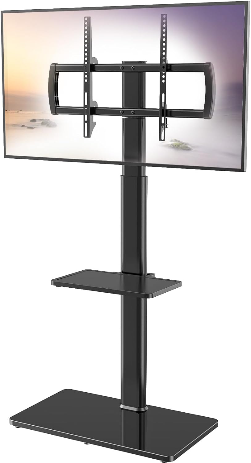 Universal Floor TV Stand with Mount 80 Degree Swivel Height Adjustable and Space Saving Design for Most 27 to 65 inch LCD, LED OLED TVs, 2 Shelves Perfect for Corner & Bedroom HT2002B