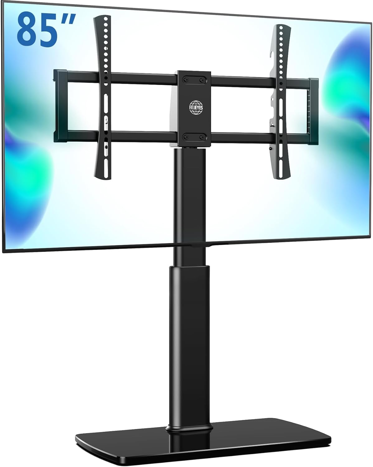 FITUEYES Universal TV Stand Mount for 43-80 85 inch TVs, Swivel Tall TV Mount Stand, Table Top TV Stand Base Replacement, Height Adjustable TV Table Stand, Glass Base, Max Holds 110lbs