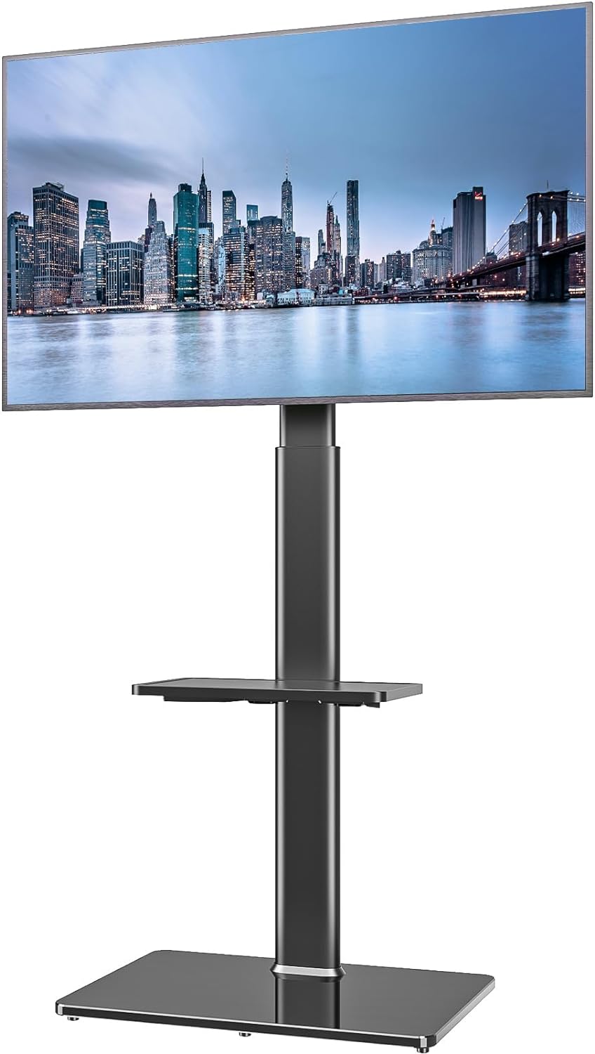 Universal Floor TV Stand with Mount for 19 to 43 inch Flat Screen TV, 100 Degree Swivel,Adjustable Height and Tilt Function, 2 Shelves Space Saving Standing TV Mount for Bedroom Living Room Corner