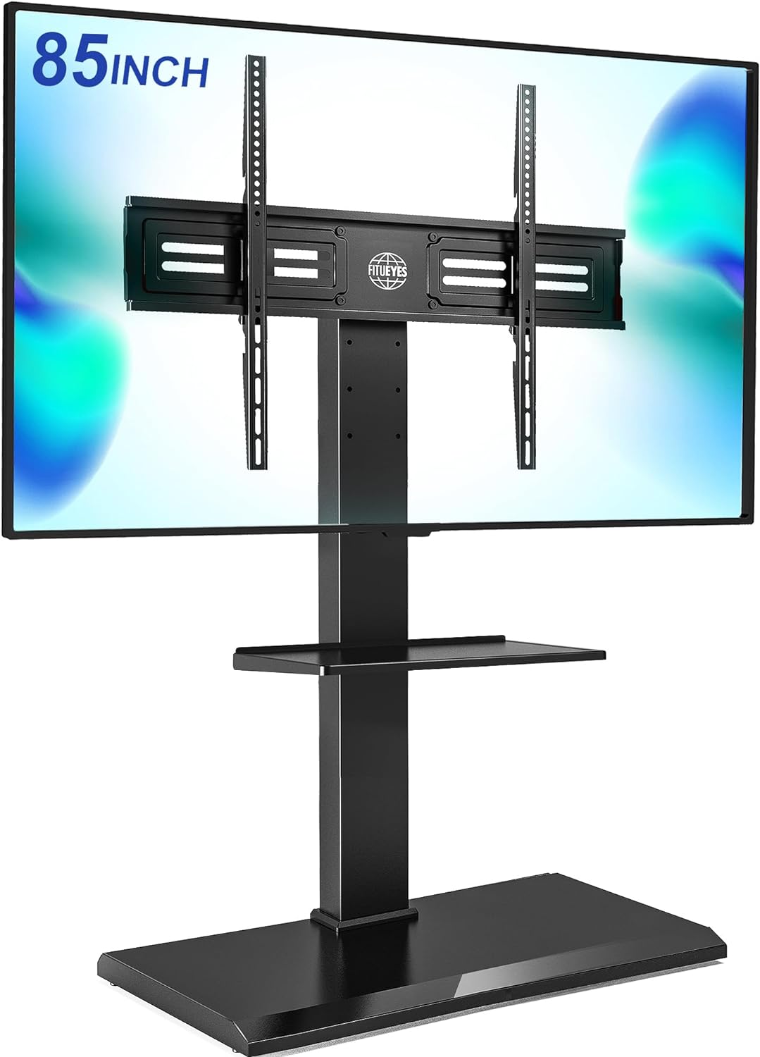 FITUEYES Floor TV Stand Iron Base with Swivel Mount for 50-85 Inch Large LCD/LED TVs Adjustable Shelf Tall Corner TV Stands for Bedroom and Living Room Hold Up to 110 lbs Black