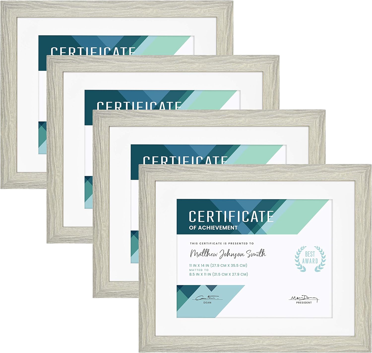 MCS Studio Gallery Matted Document Frame Set, 11 x 14 Matted Certificate Frames Fit 8.5 x 11 Diplomas, Documents & Certificates, Gray Woodgrain, 4-Pack