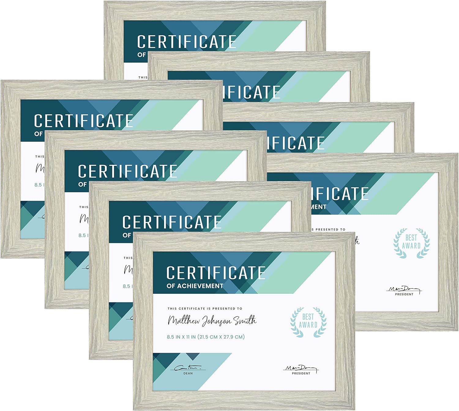 MCS Gallery Document Frame Set, Certificate Frames Fit 8.5 x 11 Diplomas, Documents & Certificates Set, Gray Woodgrain, 8-Pack