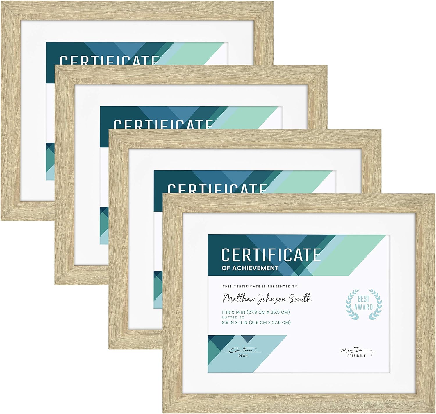 MCS Studio Gallery Matted Document Frame Set, 11 x 14 Matted Certificate Frames Fit 8.5 x 11 Diplomas, Documents & Certificates, Natural Woodgrain, 4-Pack