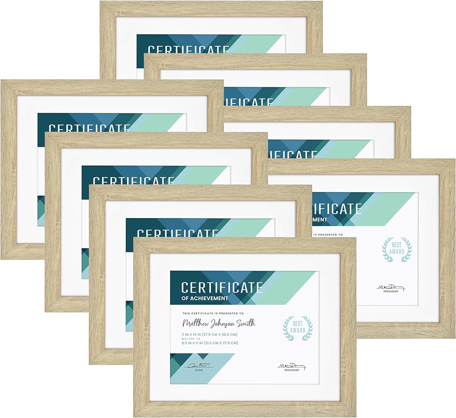 MCS Studio Gallery Matted Document Frame Set, 11 x 14 Matted Certificate Frames Fit 8.5 x 11 Diplomas, Documents & Certificates, Natural Woodgrain, 8-Pack