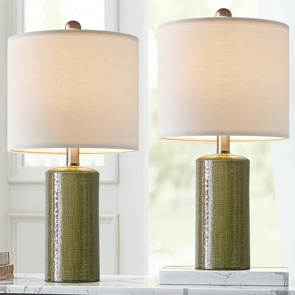 20.25 inch Modern Ceramic Table lamp Set of 2, Small Farmhouse Bedside lamp Green Nightstand Lamp End Table Lamps for Living Room Bedroom Study Office