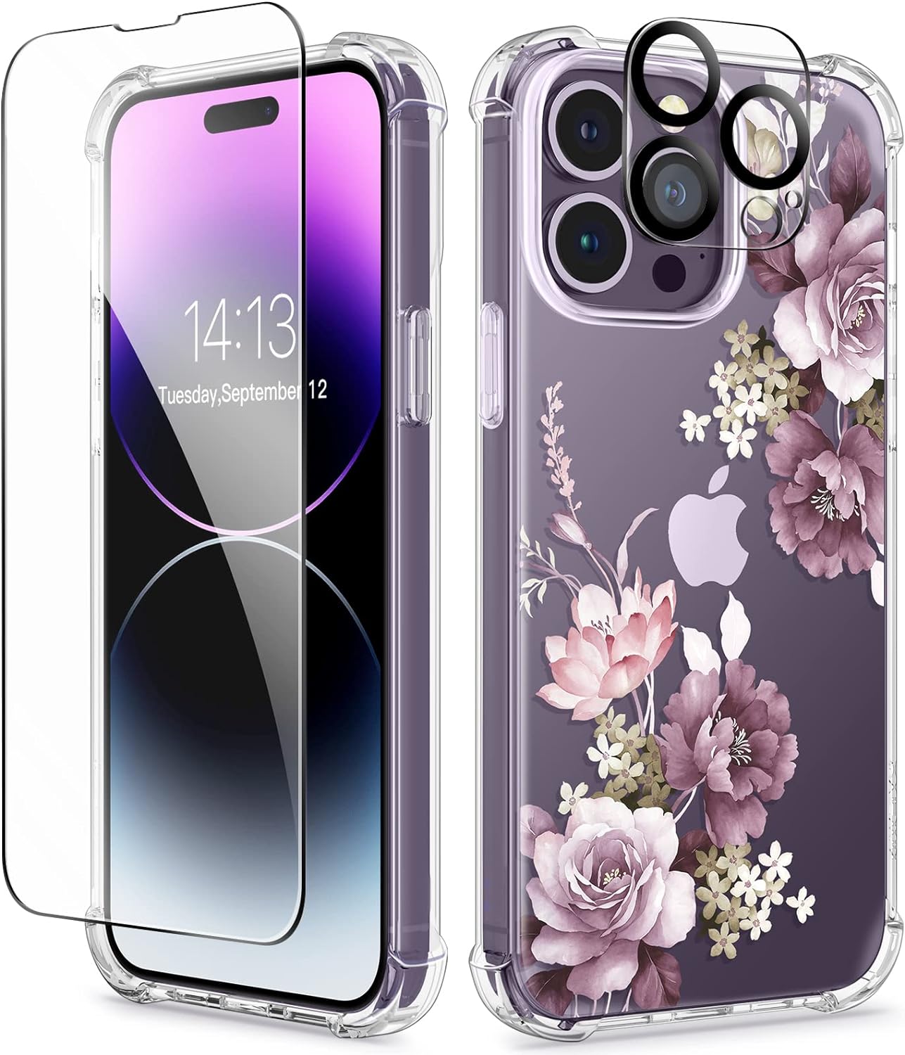 GVIEWIN Design for iPhone 14 Pro Max Case, Screen Protector   Camera Lens Protector Flower Shockproof Clear Floral Design Women Protective Phone Cover for iPhone 14 ProMax (Cherry Blossoms/Purple)