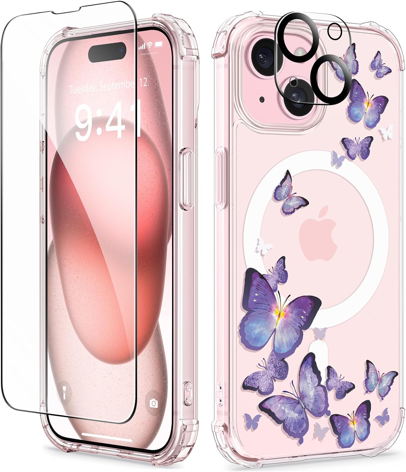 GVIEWIN Compatible with iPhone 15 Case 6.1, Compatible with MagSafe, [Screen Protector   Camera Protector] [MIL-Grade Protection] Magnetic Floral Clear Shockproof Women Cover (Butterfly/Purple)