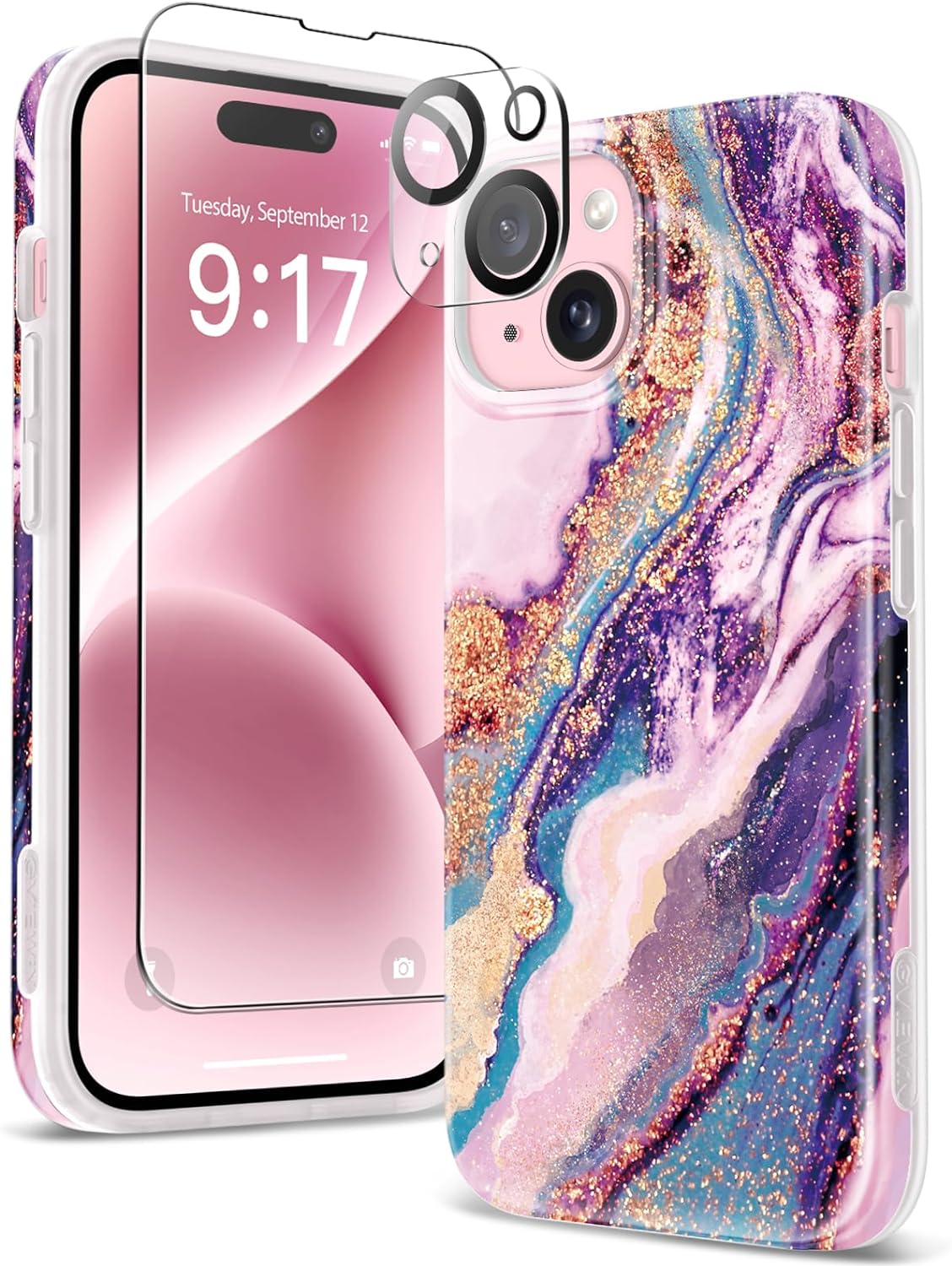 GVIEWIN Marble for iPhone 15 Case, with Screen Protector & Camera Lens Protector, [10FT Military Grade Drop Protection] Slim TPU Phone Case Cover Women for iPhone 15 6.1 2023 (Dreamland River/Purple)