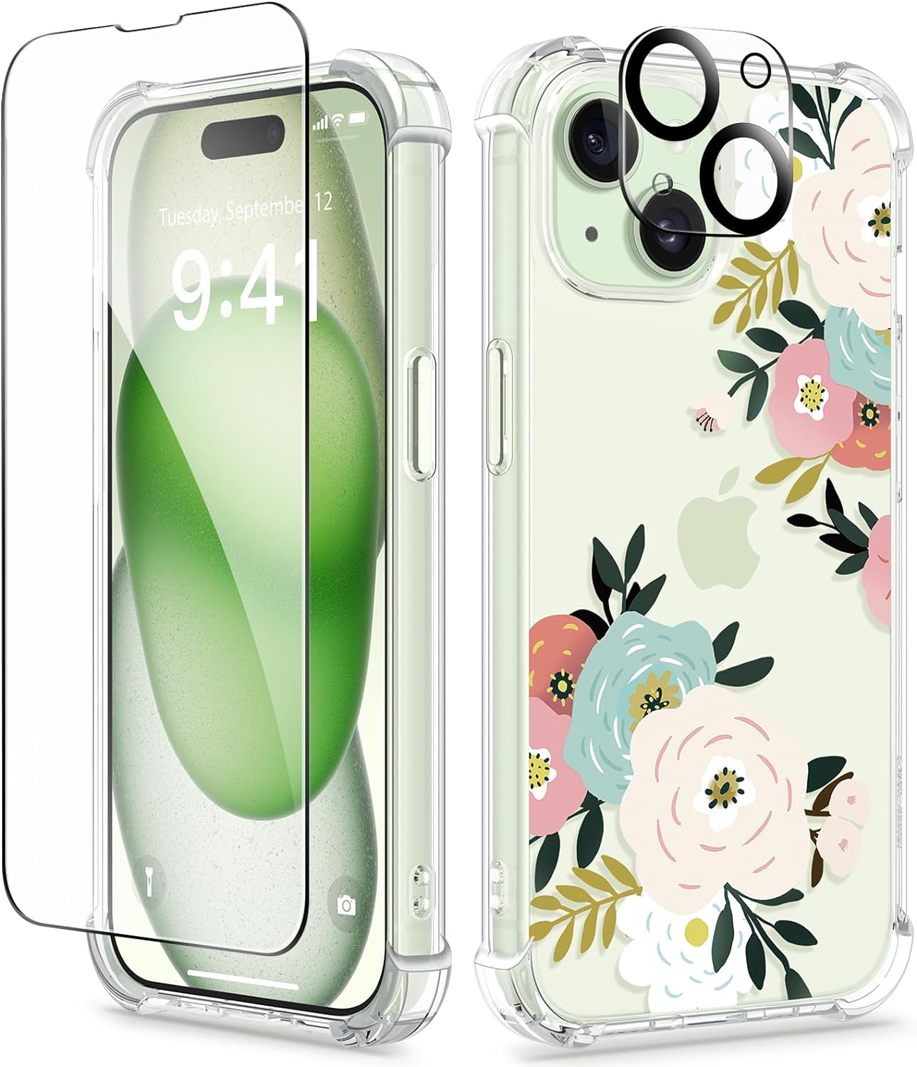 GVIEWIN 5 in 1 Designed for iPhone 15 Plus Case 6.7 Inch, with 2 Screen Protector   2 Camera Protector Clear Flower [Not-Yellowing] Shockproof Women Slim Phone Cover, 2023(Abundant Blossom/White)