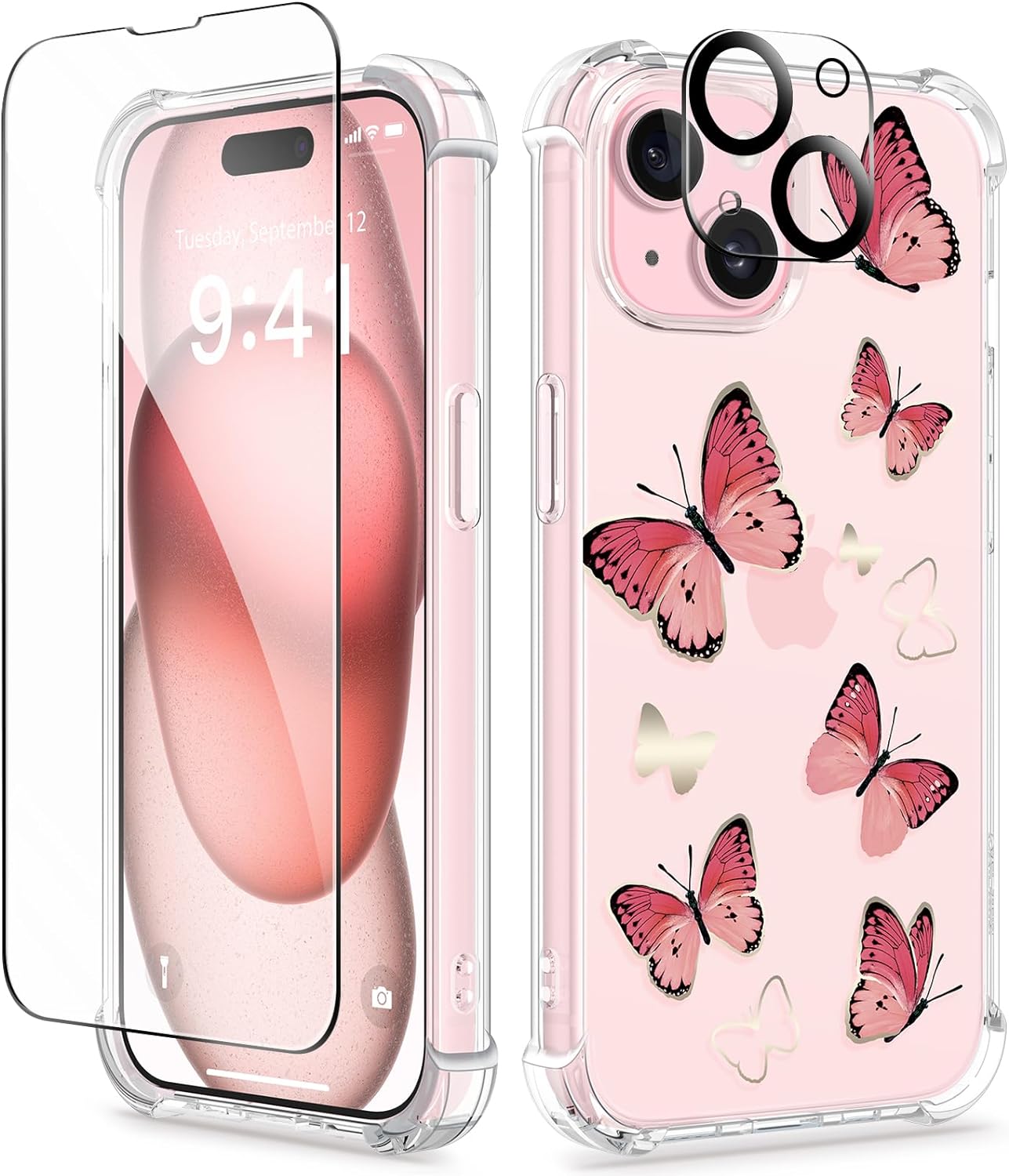 GVIEWIN 5 in 1 Designed for iPhone 15 Plus Case 6.7 Inch, with 2 Screen Protector   2 Camera Protector Clear Flower [Not-Yellowing] Shockproof Women Slim Phone Cover, 2023 (Vanessa/Pink)