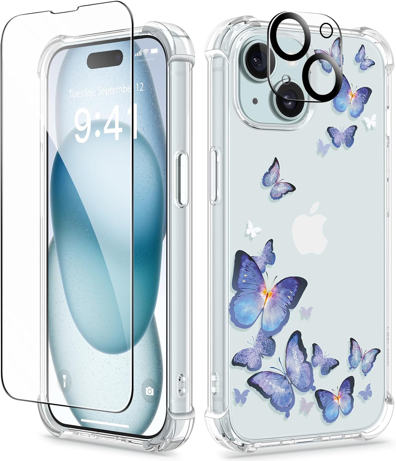 GVIEWIN 5 in 1 Designed for iPhone 15 Plus Case 6.7 Inch, with 2 Screen Protector   2 Camera Protector Clear Flower [Not-Yellowing] Shockproof Women Slim Phone Cover, 2023 (Butterfly/Blue)