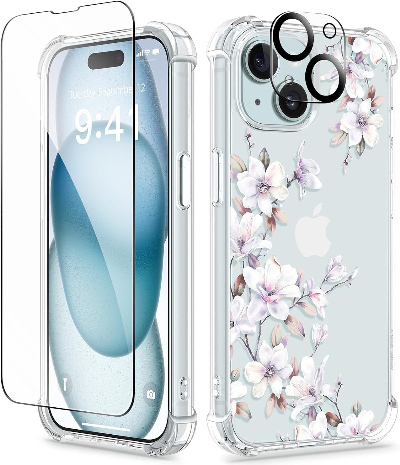 GVIEWIN 5 in 1 Designed for iPhone 15 Plus Case 6.7 Inch, with 2 Screen Protector   2 Camera Protector Clear Flower [Not-Yellowing] Shockproof Women Slim Phone Cover, 2023 (Lilly/Light Purple)