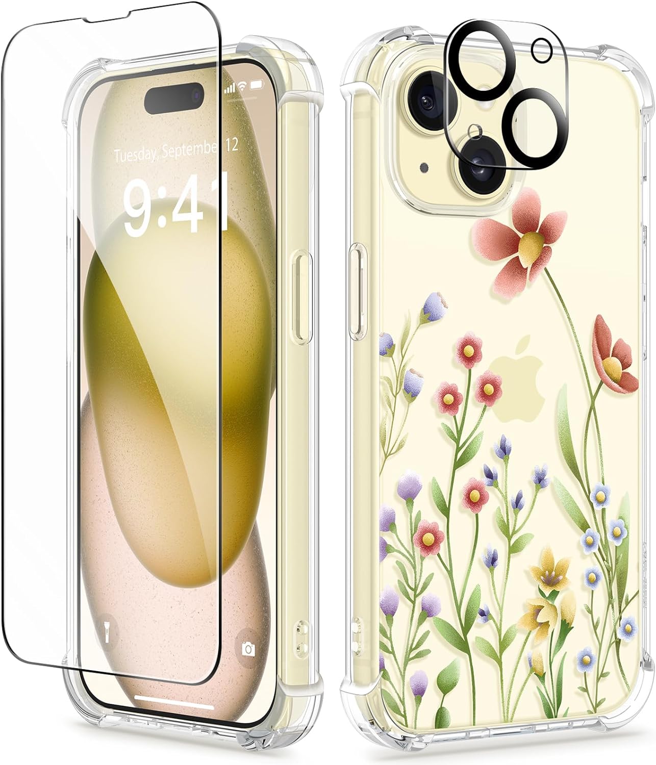 GVIEWIN 5 in 1 Designed for iPhone 15 Plus Case 6.7 Inch, with 2 Screen Protector   2 Camera Protector Clear Flower [Not-Yellowing] Shockproof Women Slim Phone Cover, 2023 (Aconite/Pink)