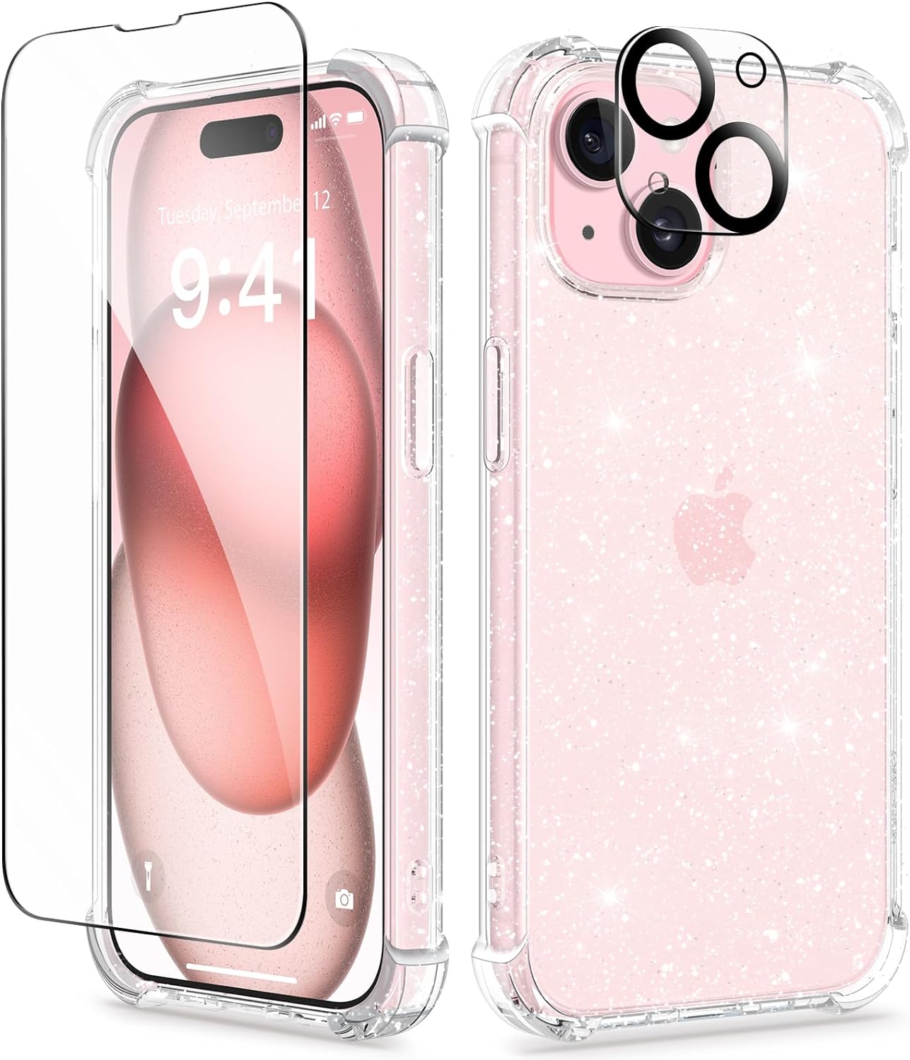 GVIEWIN 3 in 1 Designed for iPhone 15 Plus Case 6.7 Inch, with Screen Protector   Camera Protector Clear Flower [Not-Yellowing] Shockproof Women Slim Phone Cover, 2023 (Twinkle Clear)