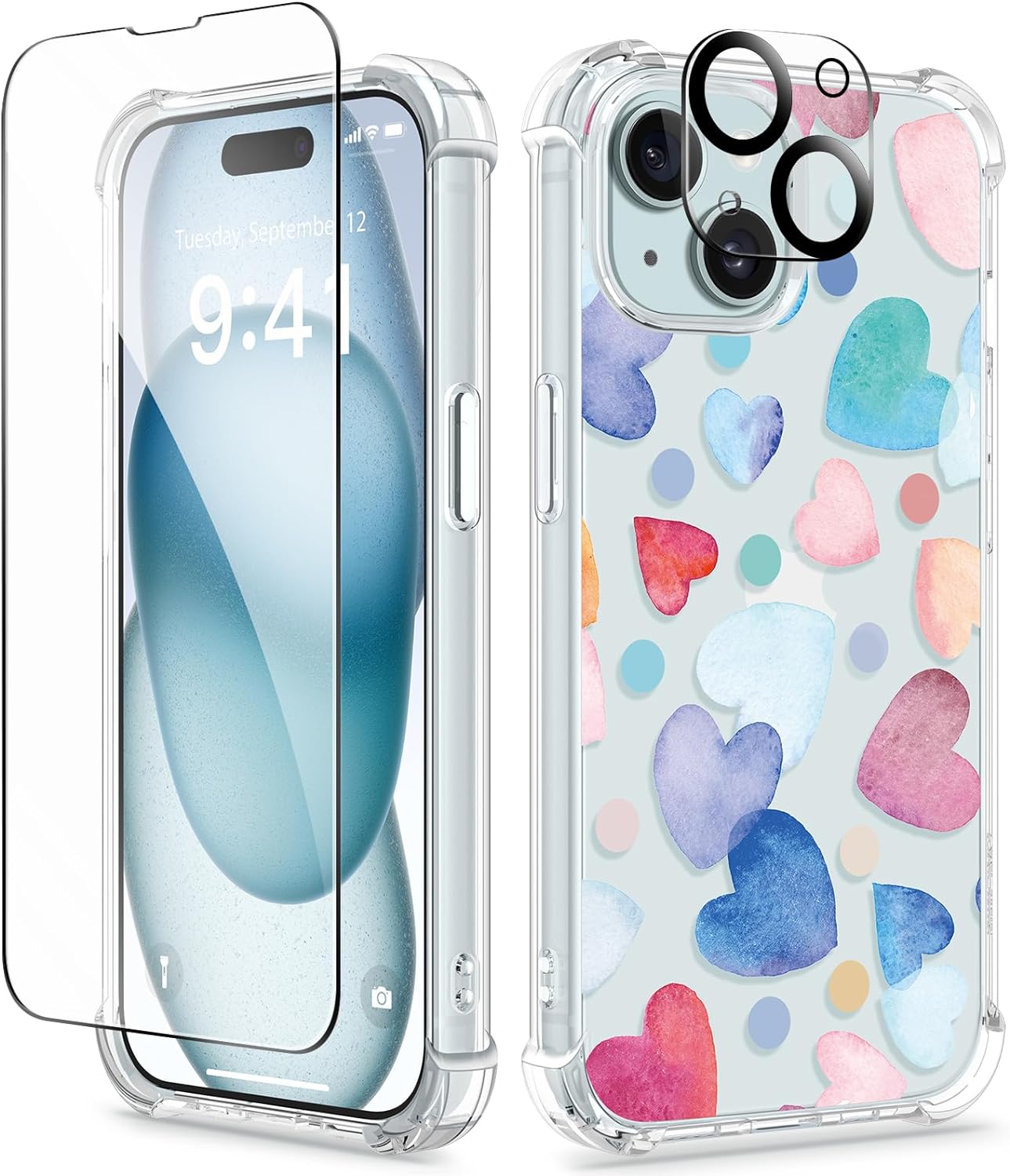 GVIEWIN 5 in 1 Designed for iPhone 15 Plus Case 6.7 Inch, with 2 Screen Protector   2 Camera Protector Clear Flower [Not-Yellowing] Shockproof Women Slim Phone Cover, 2023 (Heart/Colorful)