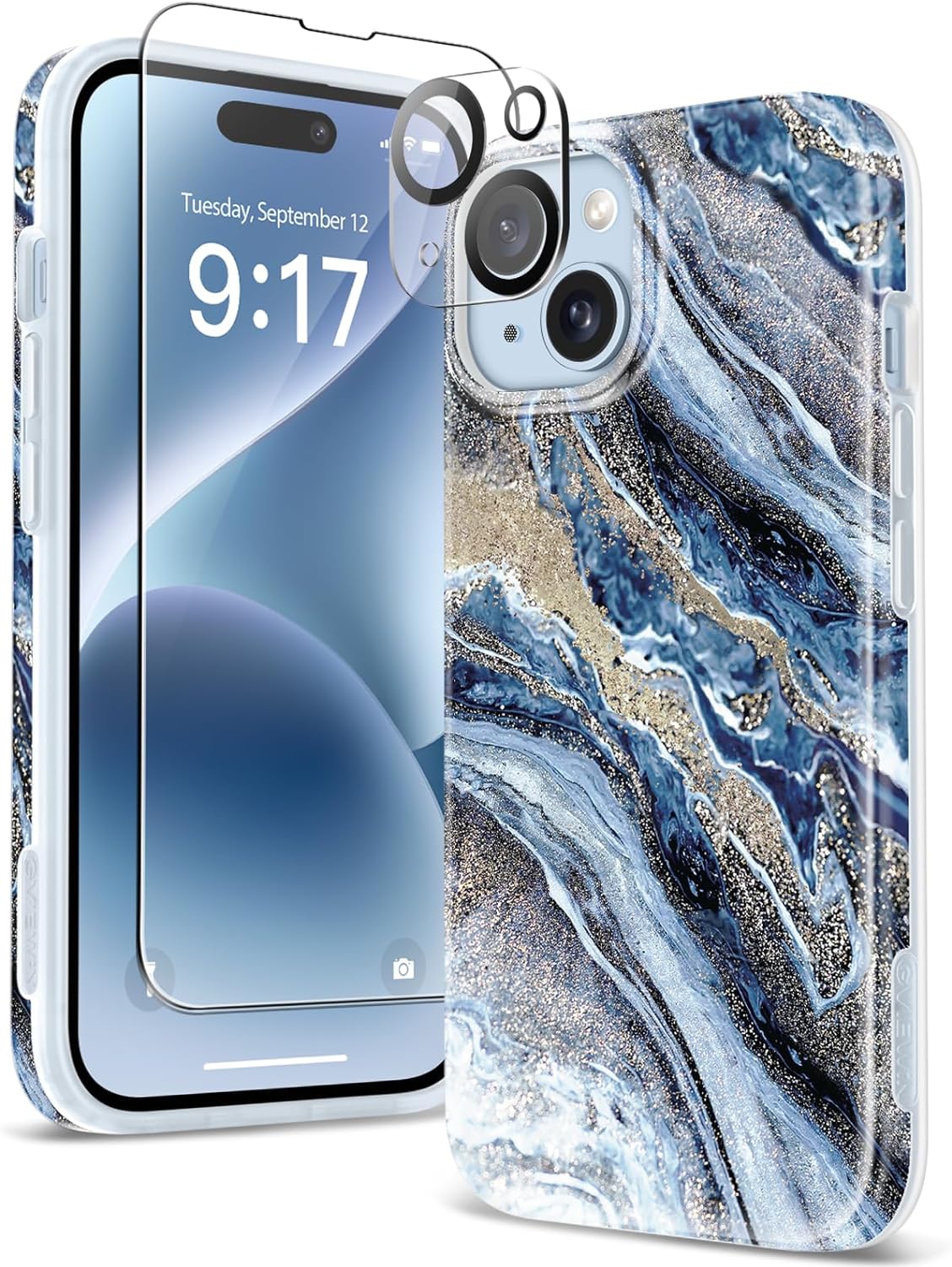 GVIEWIN Marble for iPhone 15 Plus Case, with Screen Protector+Camera Lens Protector, [Military Grade Drop Protection] Slim Soft TPU Protective Phone Cover for iPhone 15 Plus 6.7''(Stream/Blue)