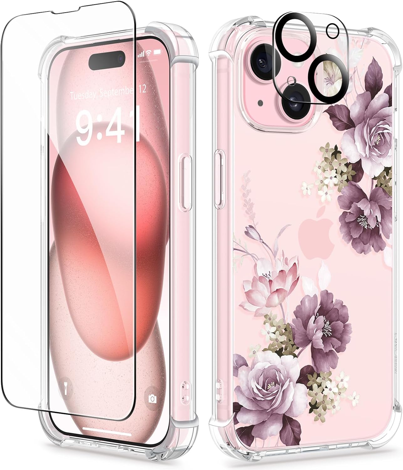 GVIEWIN 3 in 1 Designed for iPhone 15 Plus Case 6.7 Inch, with Screen Protector   Camera Protector Clear Flower [Not-Yellowing] Shockproof Women Slim Phone Cover, 2023(Cherry Blossoms/Purple)