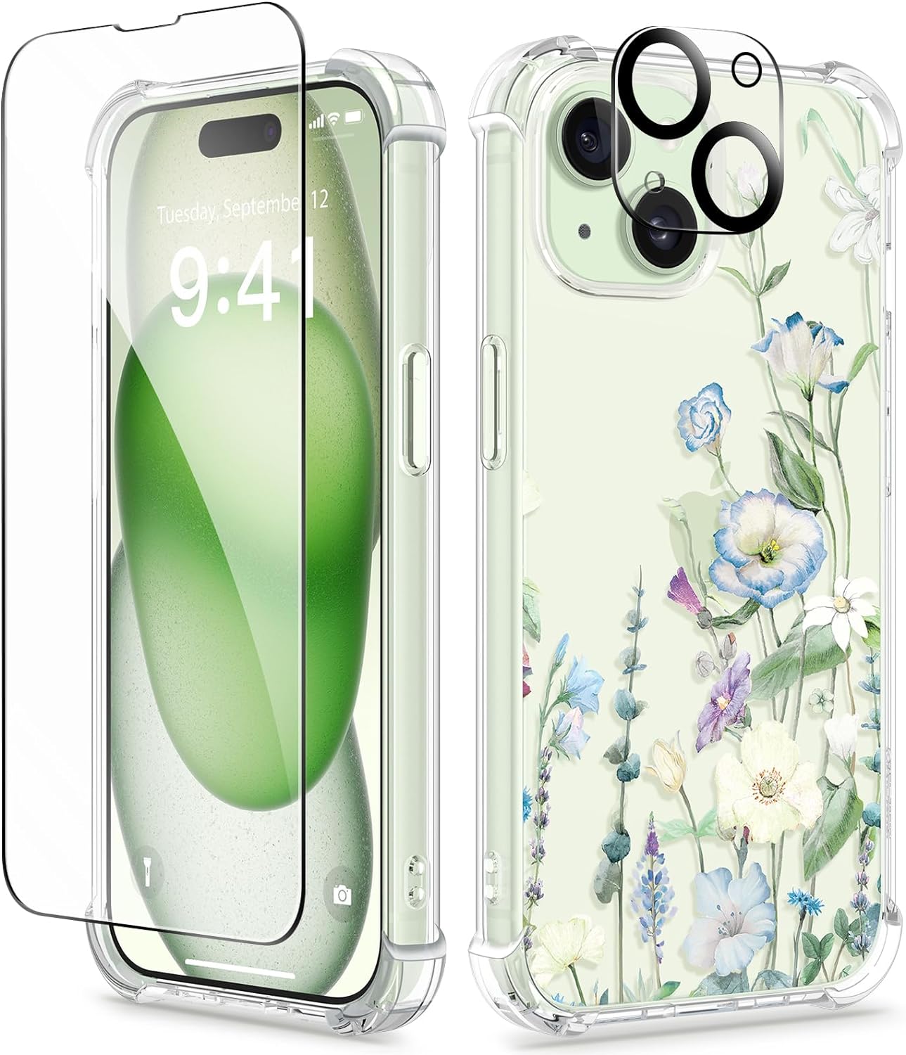 GVIEWIN 5 in 1 Designed for iPhone 15 Plus Case 6.7 Inch, with 2 Screen Protector   2 Camera Protector Clear Flower [Not-Yellowing] Shockproof Women Slim Phone Cover, 2023 (Aquilegia/White)