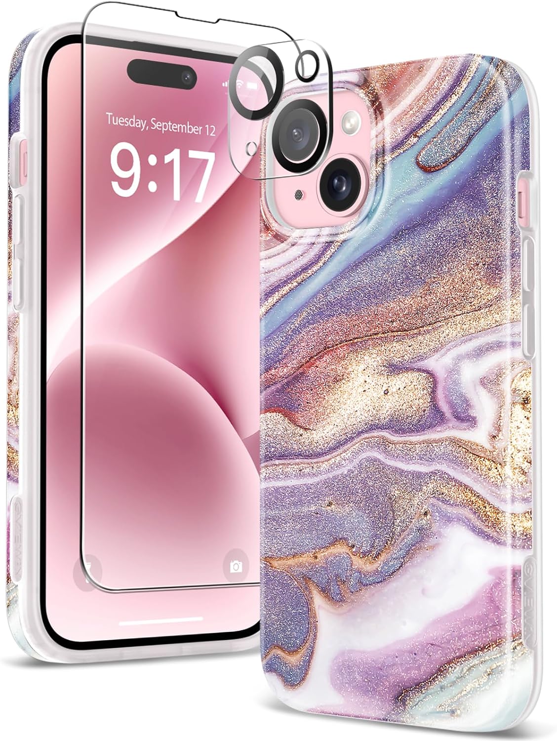 GVIEWIN Marble for iPhone 15 Plus Case, with Screen Protector+Camera Lens Protector, [Military Grade Drop Protection] Slim Soft TPU Protective Phone Cover for iPhone 15 Plus 6.7''(Flowing Sakura/Pink)