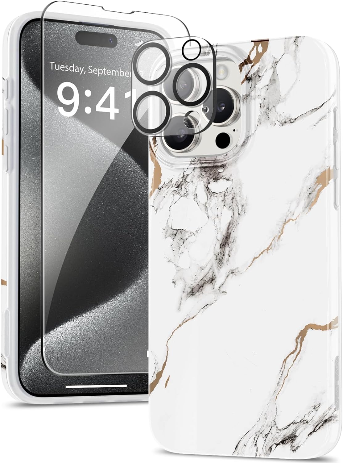 GVIEWIN for iPhone 15 Pro Case with Screen Protector Camera Lens Protector, [Military Grade Drop Protection] Slim Marble Design Soft TPU Protective Phone Cover for 15 Pro 6.1 (White/Marble)