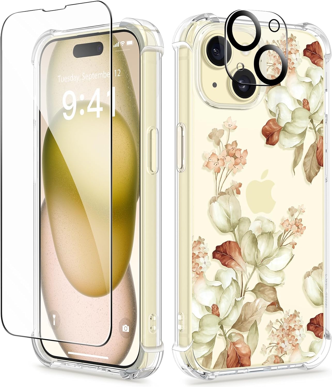 GVIEWIN 5 in 1 Designed for iPhone 15 Plus Case 6.7 Inch, with 2 Screen Protector   2 Camera Protector Clear Flower [Not-Yellowing] Shockproof Women Slim Phone Cover, 2023 (Cattleya/White)