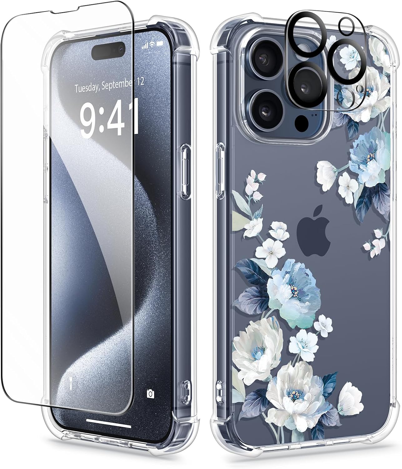 GVIEWIN for iPhone 15 Pro Max Case Floral,with Screen Protector & Camera Lens Protector, Hard PC   TPU Bumper Shockproof Protective Clear Flower Women Phone Cover 6.7(Rosa Chinensis/Blue)