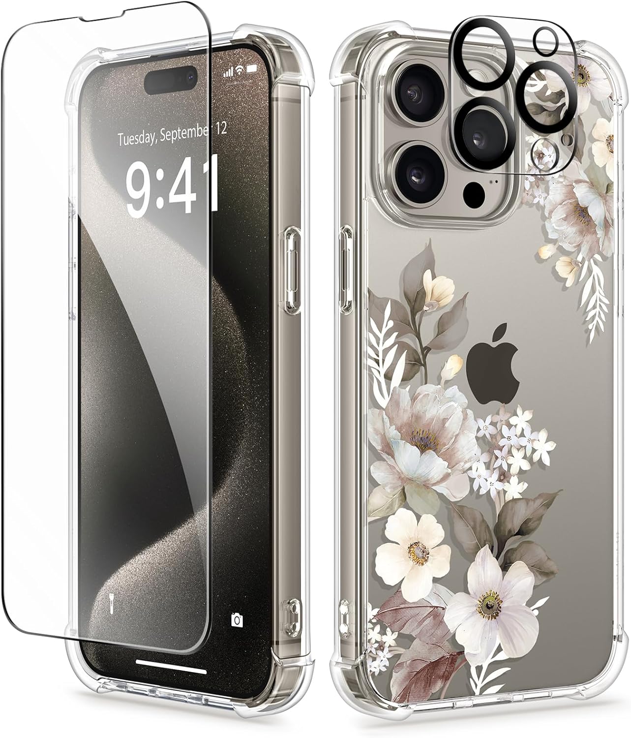 GVIEWIN for iPhone 15 Pro Max Case Floral,with Screen Protector & Camera Lens Protector, Hard PC + TPU Bumper Shockproof Protective Clear Flower Women Phone Cover 6.7(Delphinium/Grey)