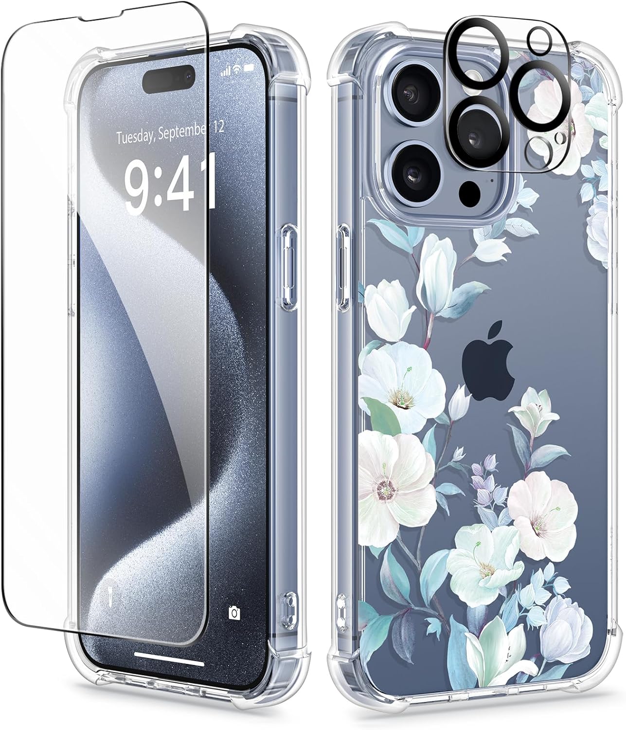 GVIEWIN for iPhone 15 Pro Max Case Floral,with Screen Protector & Camera Lens Protector, Hard PC + TPU Bumper Shockproof Protective Clear Flower Women Phone Cover 6.7(Hibiscus)