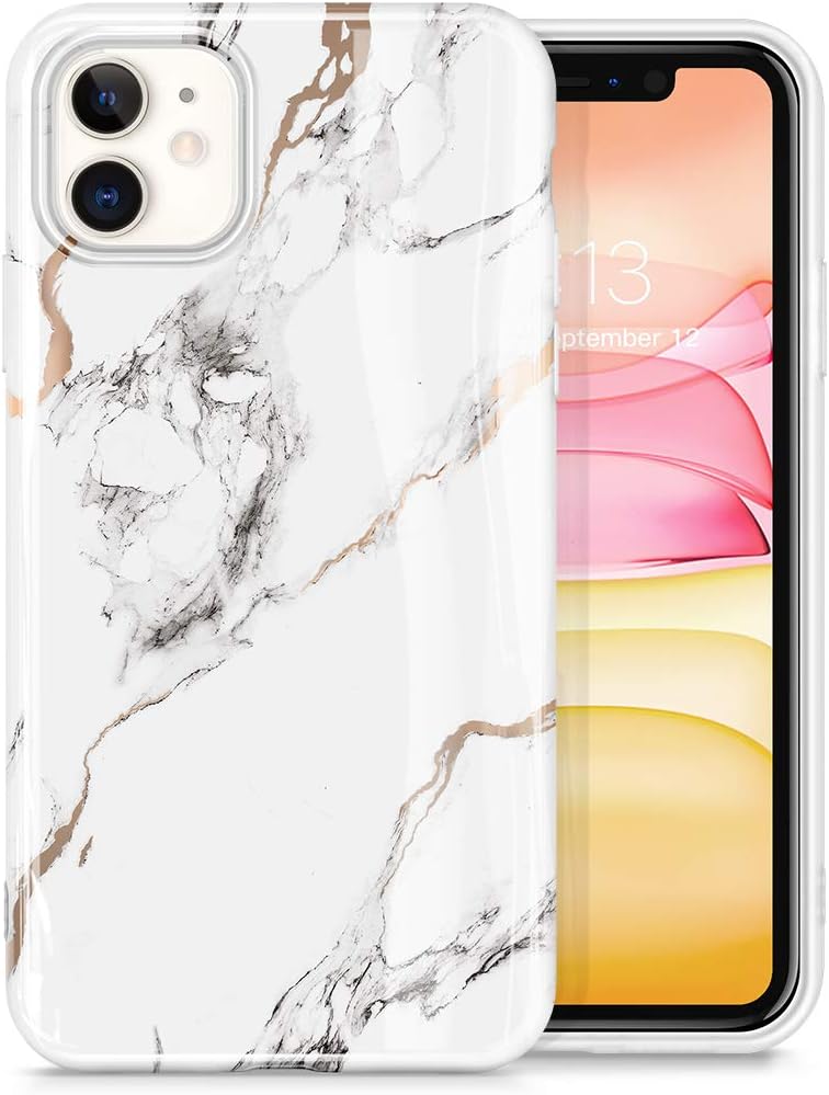 GVIEWIN Designed for iPhone 11 Case, Marble Slim Women Cover Soft TPU Stylish Thin Glossy Shockproof Protective Phone Case 6.1 Inch 2019 (White/Gold)