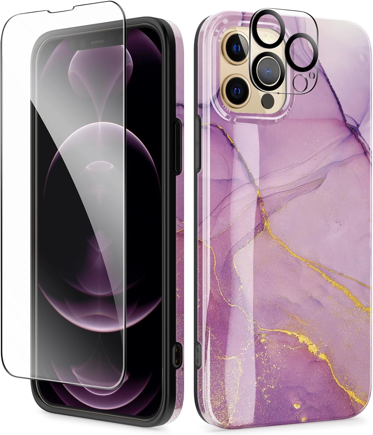 GVIEWIN for iPhone 12 Pro Max Case with Screen Protector & Camera Lens Protector, Marble Ultra Slim Thin Glossy Soft Shockproof TPU Stylish Flexible Protective Cover 6.7 Inch 2020 (Romantic Purple)