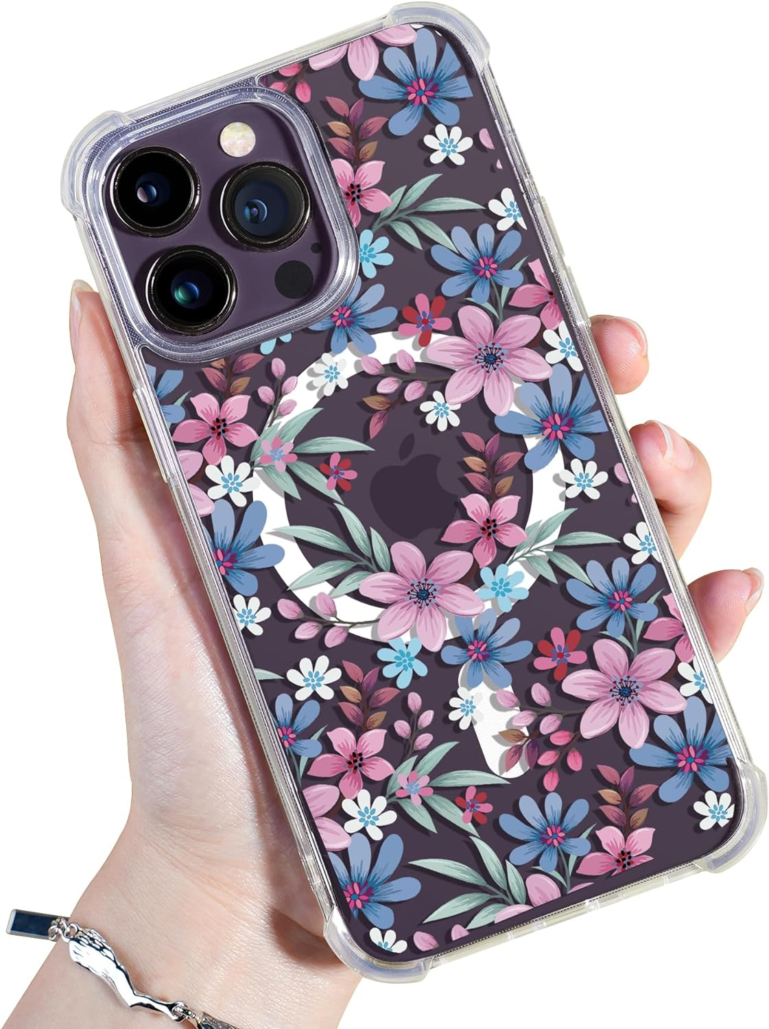 GVIEWIN for iPhone 14 ProMax Case Compatible with MagSafe, [Screen Protector + Camera Lens Protector] [MIL-Grade Protection] Magnetic Floral Clear Shockproof Women Case for 14 Pro Max(Oxalis Flowers)