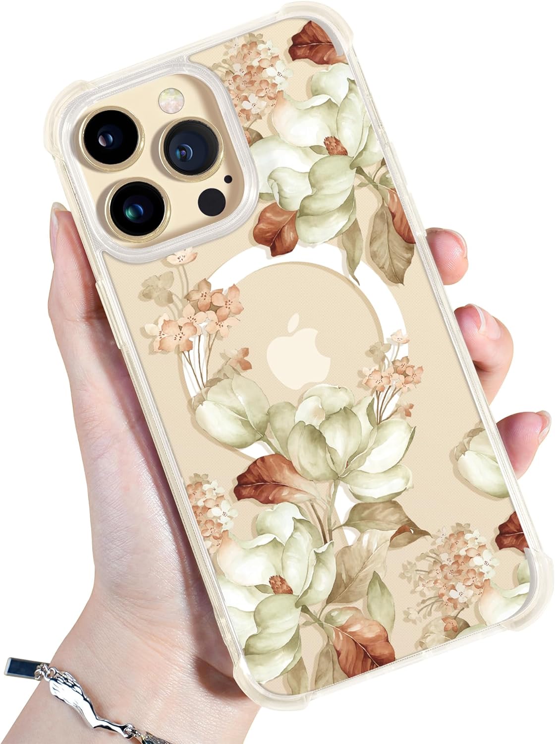 GVIEWIN for iPhone 14 Pro Max Case Compatible with MagSafe, [Screen Protector + Camera Lens Protector] [MIL-Grade Protection] Magnetic Floral Clear Shockproof Women for 14 Pro Max Phone Case(Cattleya)