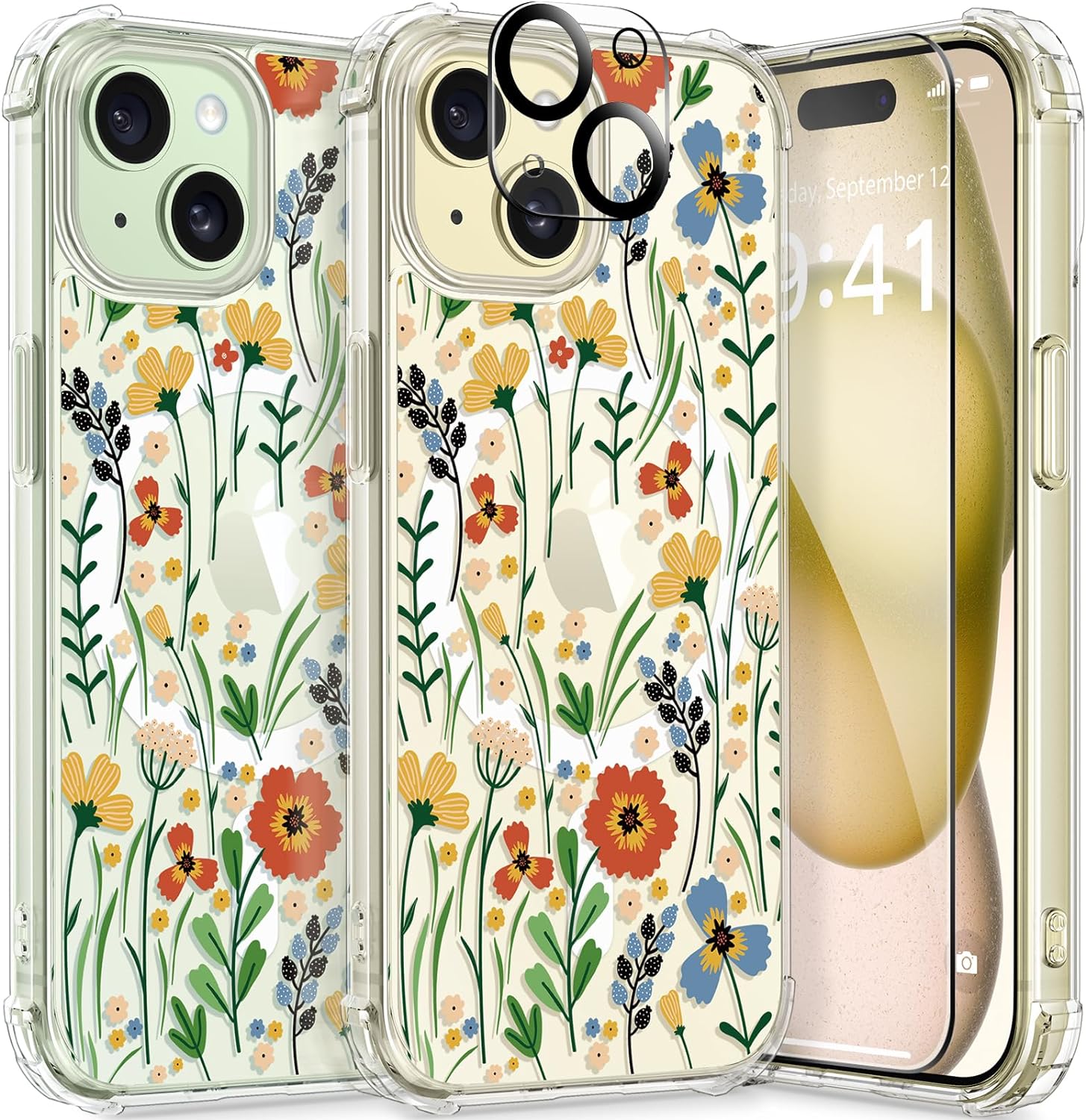 GVIEWIN Designed for iPhone 15 Case 6.1, Compatible with MagSafe, [Screen Protector + Camera Protector] [MIL-Grade Protection] Magnetic Floral Clear Shockproof Women Cover (Blooming Flowerets)