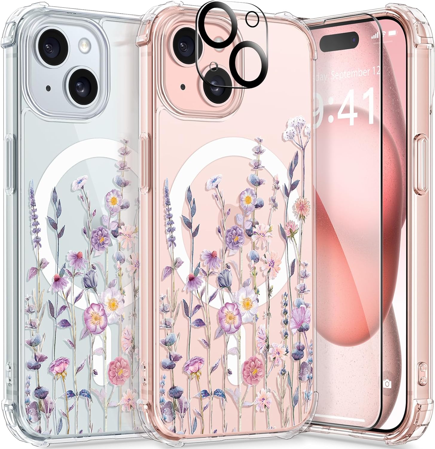 GVIEWIN Designed for iPhone 15 Case 6.1, Compatible with MagSafe, [Screen Protector + Camera Protector] [MIL-Grade Protection] Magnetic Floral Clear Shockproof Women Cover (Floratopia/Colorful)