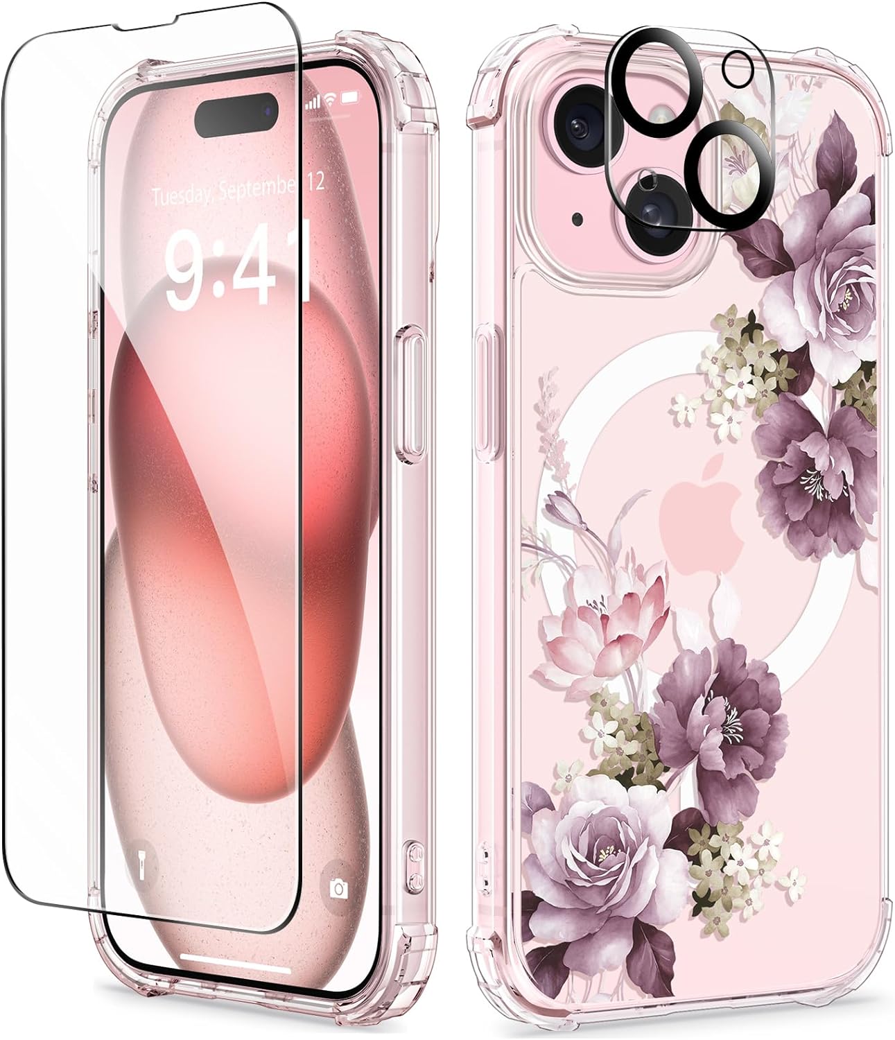 GVIEWIN Compatible with iPhone 15 Case 6.1, Compatible with MagSafe,[Screen Protector+Camera Protector][MIL-Grade Protection] Magnetic Floral Clear Shockproof Women Cover(Cherry Blossoms/Purple)