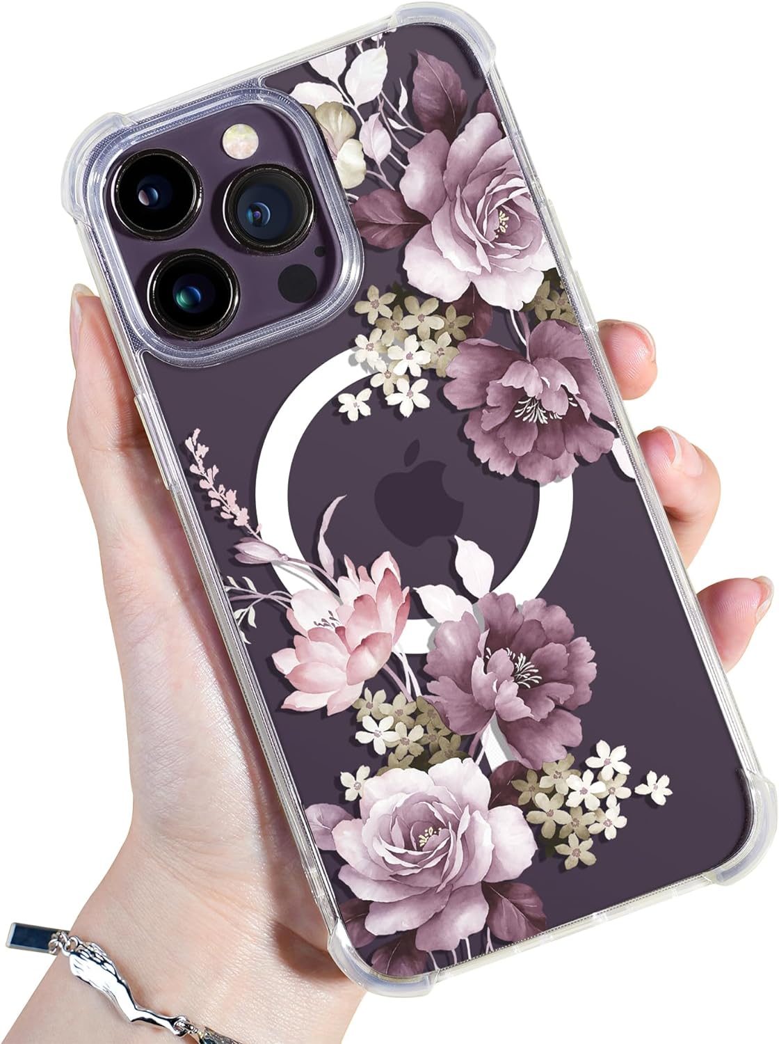 GVIEWIN for iPhone 14 Pro Max Case Compatible with MagSafe, [Screen Protector + Camera Lens Protector] [MIL-Grade Protection] Magnetic Floral Clear Shockproof Women Phone Case for 14 ProMax(Purple)