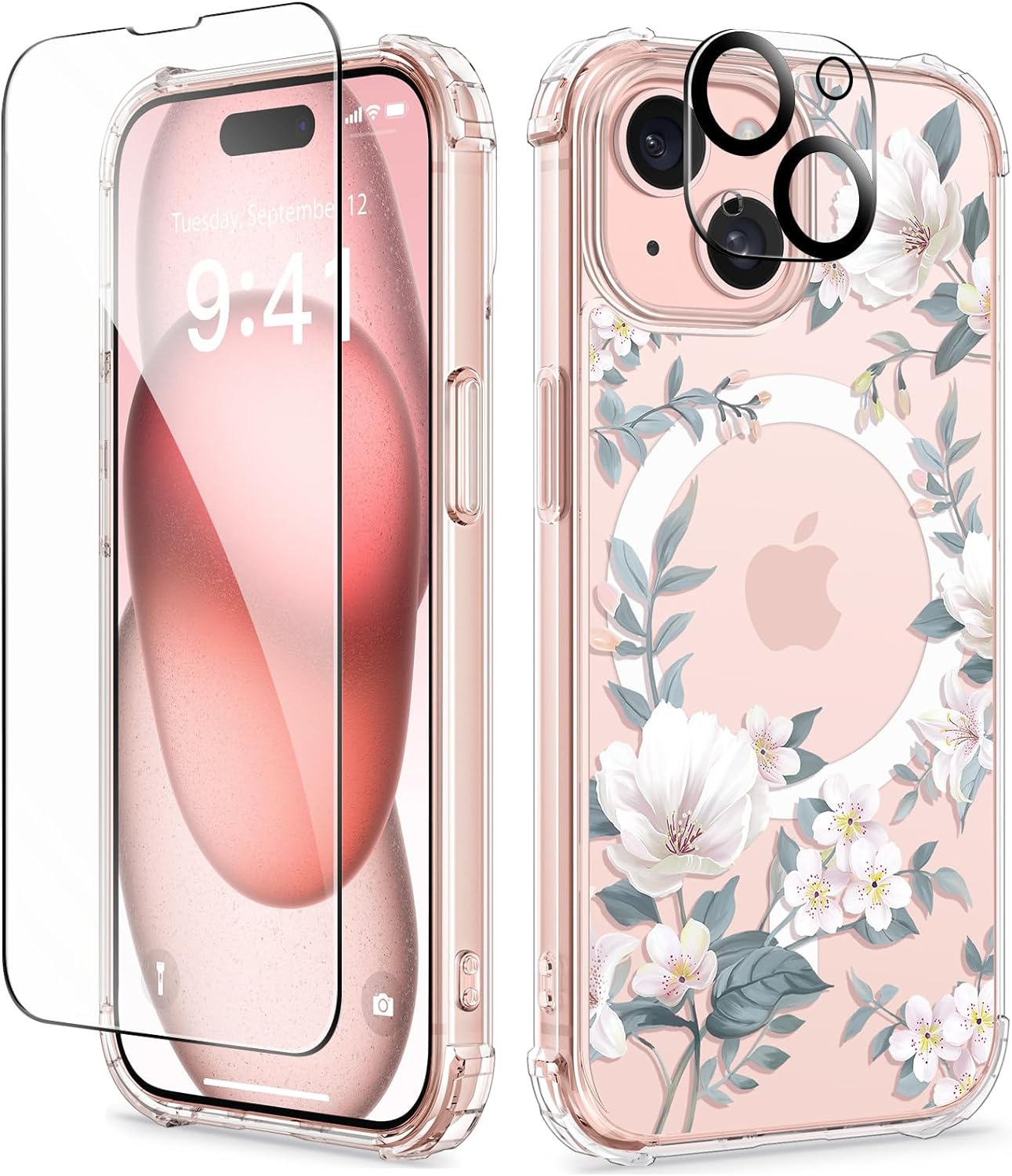 GVIEWIN Designed for iPhone 15 Case 6.1, Compatible with MagSafe, [Screen Protector + Camera Protector] [MIL-Grade Protection] Magnetic Floral Clear Shockproof Women Cover (Magnolia/White)