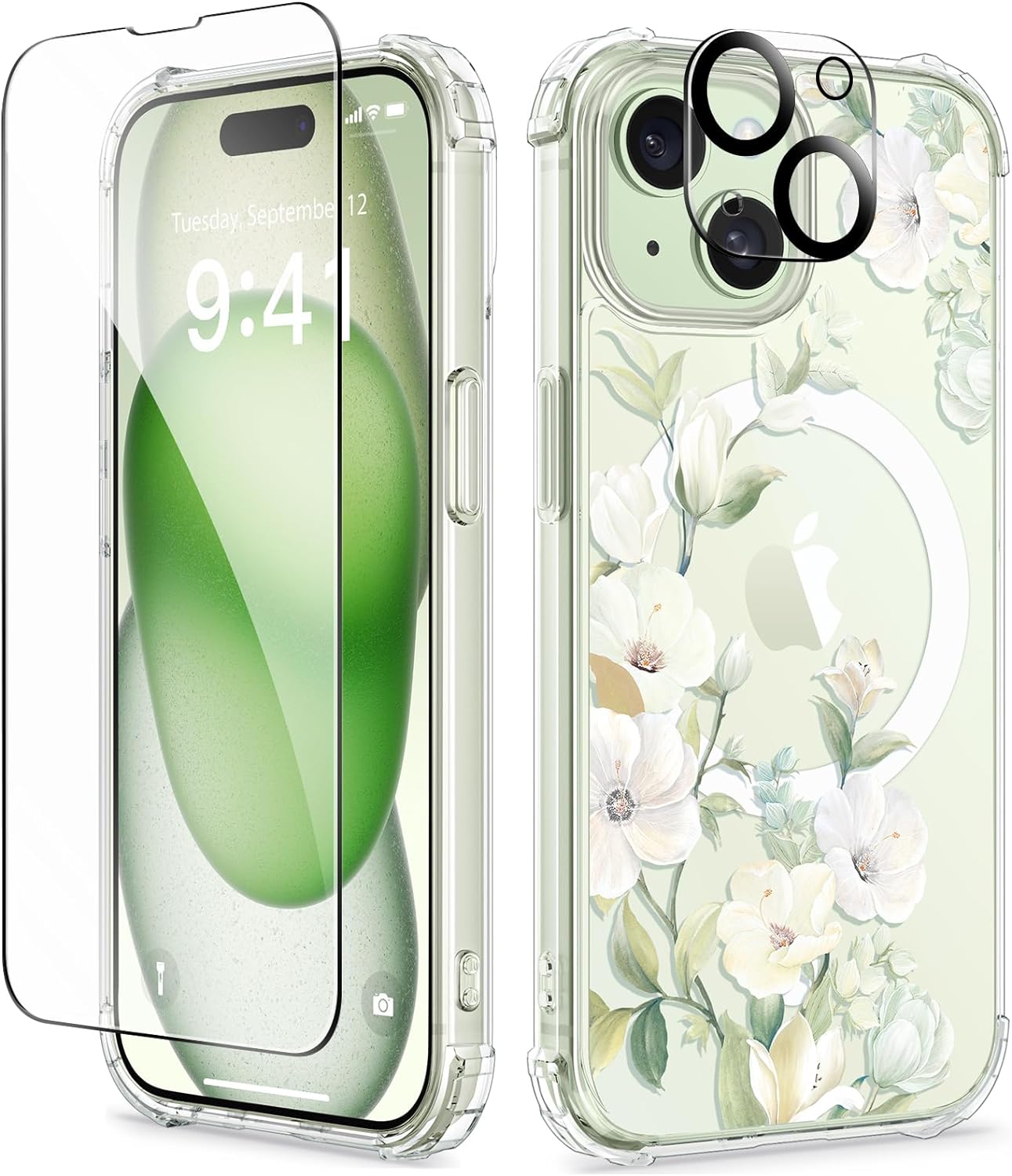 GVIEWIN Designed for iPhone 15 Plus Case 6.7, Compatible with MagSafe, [Screen Protector + Camera Protector] [MIL-Grade Protection] Magnetic Floral Clear Shockproof Women Cover (Hibiscus/Green)