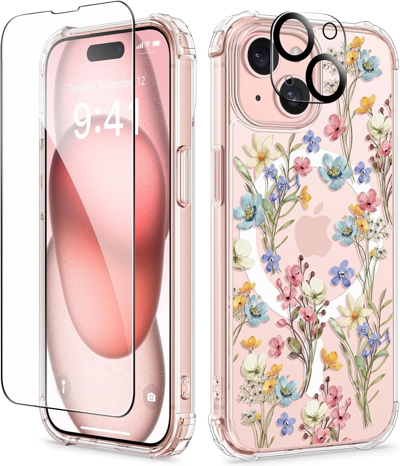 GVIEWIN Designed for iPhone 15 Plus Case 6.7, Compatible with MagSafe,[Screen Protector + Camera Protector][MIL-Grade Protection] Magnetic Floral Clear Shockproof Women Cover(Blooming Flowers/Purple)