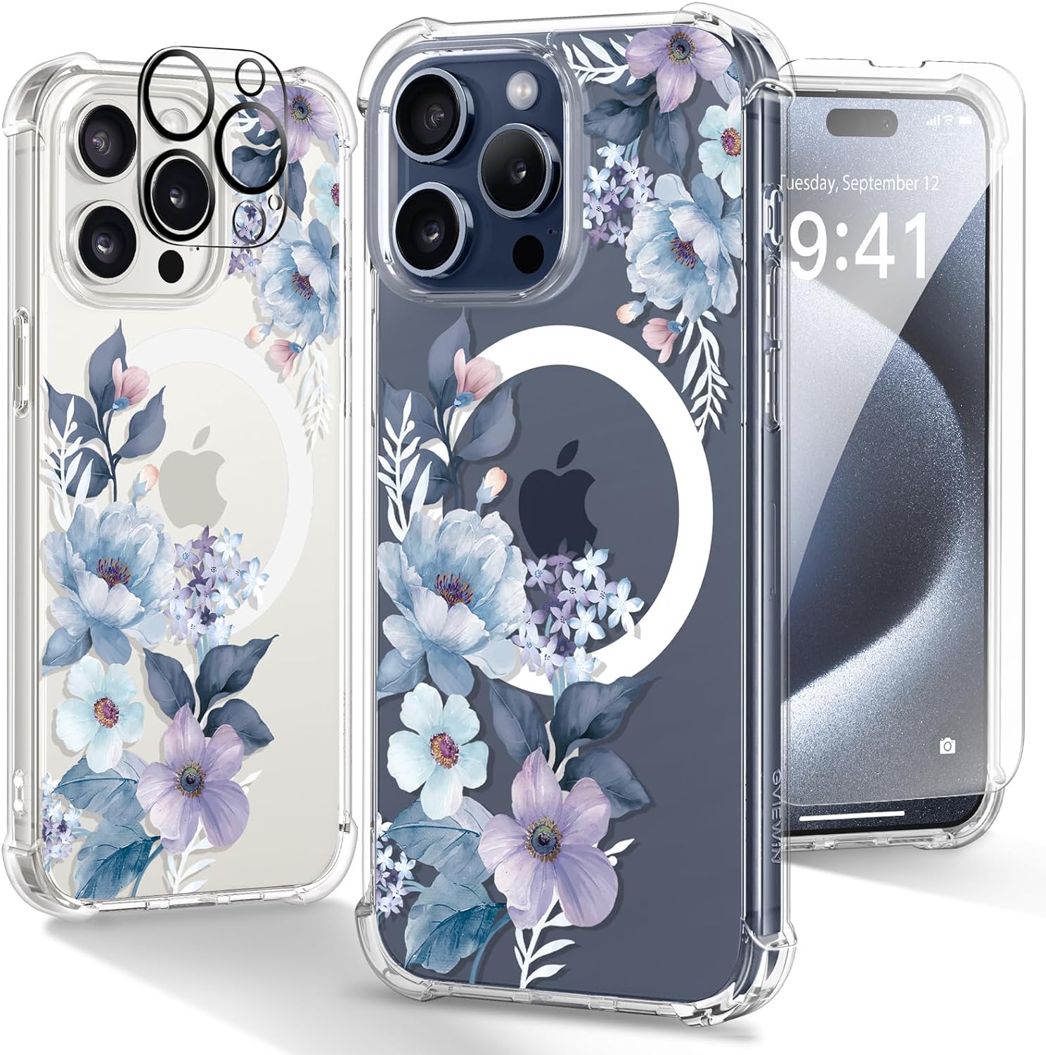 GVIEWIN Magnetic for iPhone 15 Pro Case 6.1, Screen Protector+Camera Lens Protector, [Compatible with MagSafe] Slim Clear Floral Shockproof Protective Women Phone Cover (Delphinium/Blue)