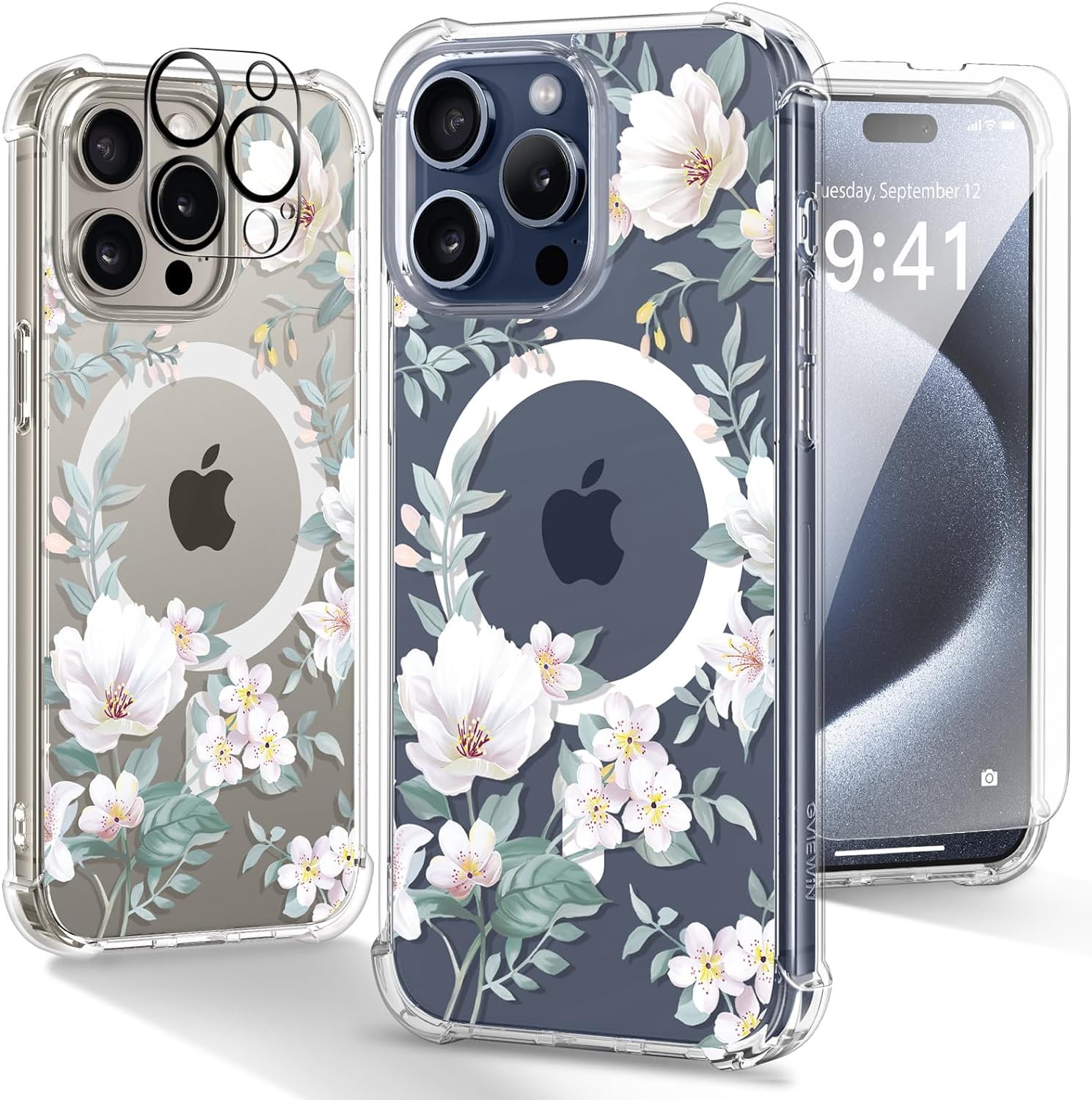 GVIEWIN Magnetic for iPhone 15 Pro Case 6.1, Screen Protector+Camera Lens Protector, [Compatible with MagSafe] Slim Clear Floral Shockproof Protective Women Phone Cover (Magnolia/White)