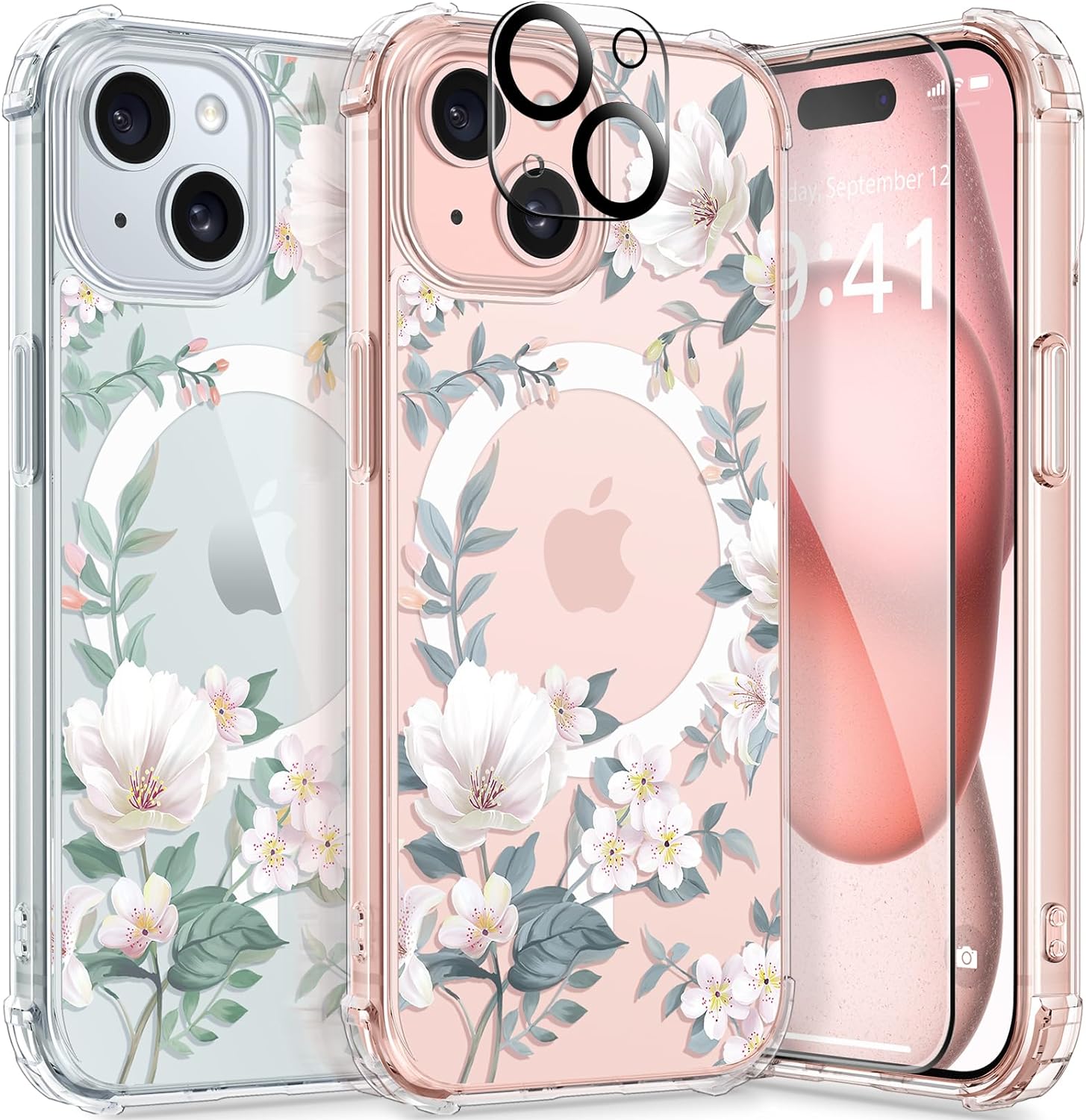 GVIEWIN Designed for iPhone 15 Plus Case 6.7, Compatible with MagSafe, [Screen Protector + Camera Protector] [MIL-Grade Protection] Magnetic Floral Clear Shockproof Women Cover (Magnolia/White)