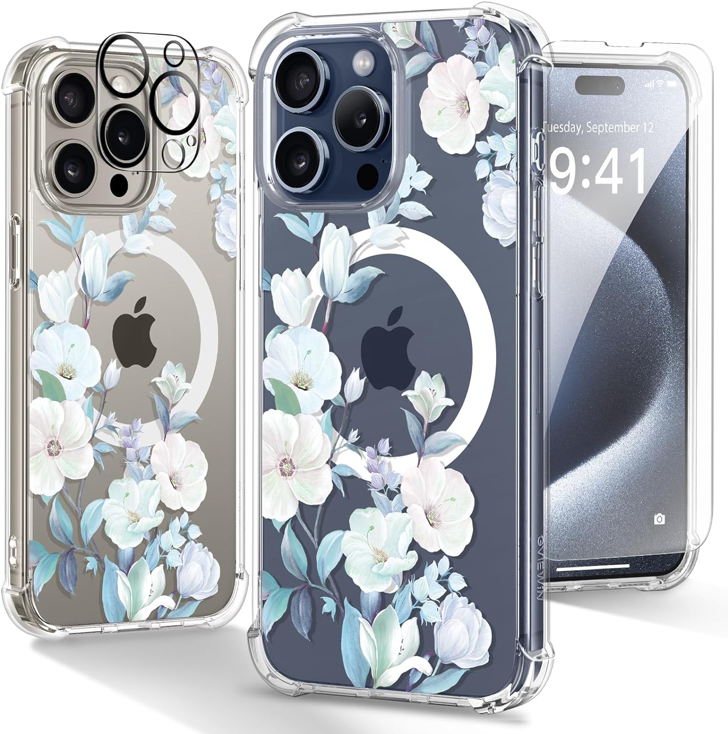 GVIEWIN Magnetic for iPhone 15 Pro Case 6.1, Screen Protector+Camera Lens Protector, [Compatible with MagSafe] Slim Clear Floral Shockproof Protective Women Phone Cover (Hibiscus)